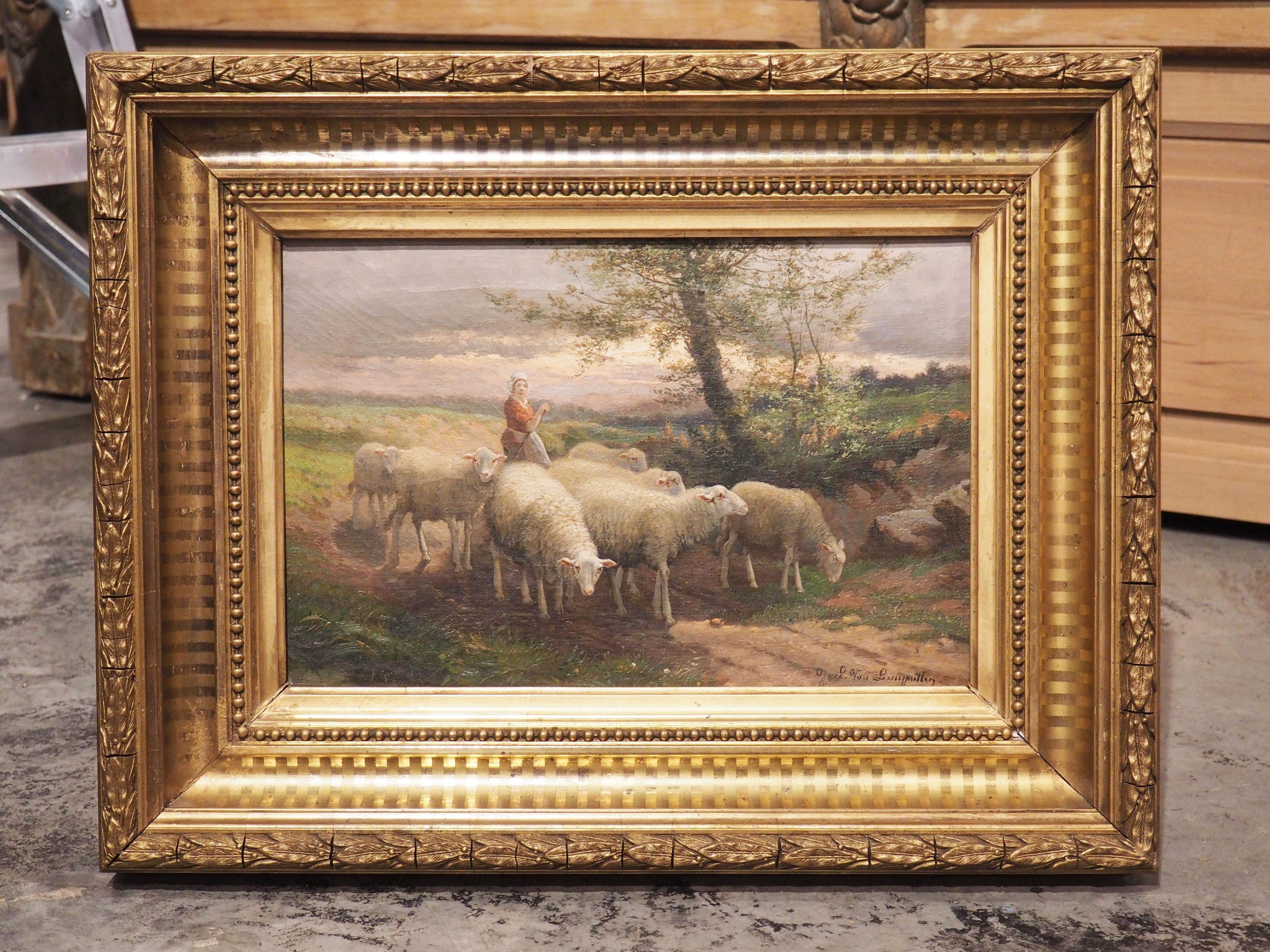 Signed Antique Pastoral Sheep Painting in Giltwood Frame, Belgium, 19th Century For Sale 11