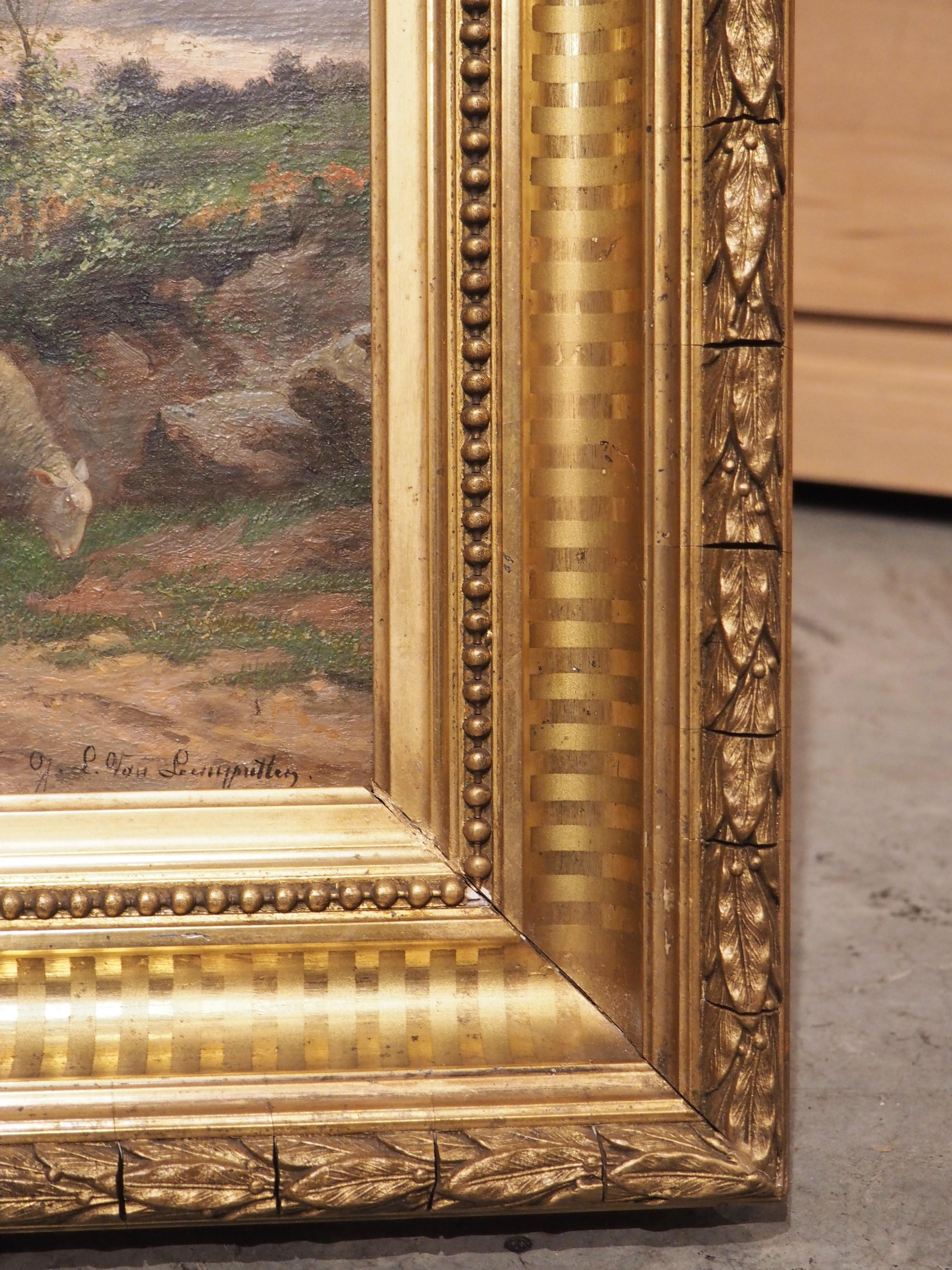 Hand-Carved Signed Antique Pastoral Sheep Painting in Giltwood Frame, Belgium, 19th Century For Sale