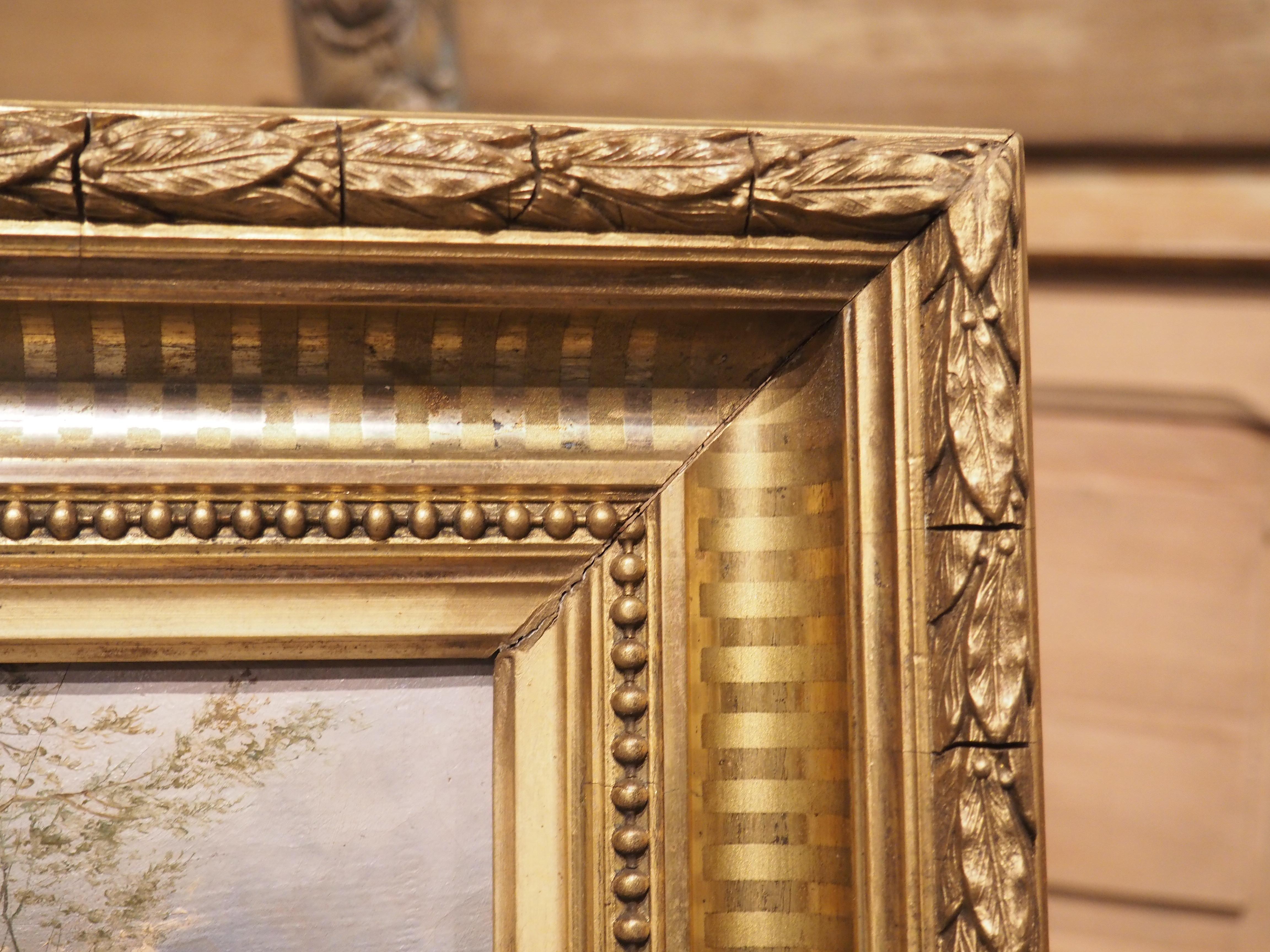 Dipinto antico pastorale con cornice in legno dorato, firmato, Belgio, XIX secolo In condizioni buone in vendita a Dallas, TX