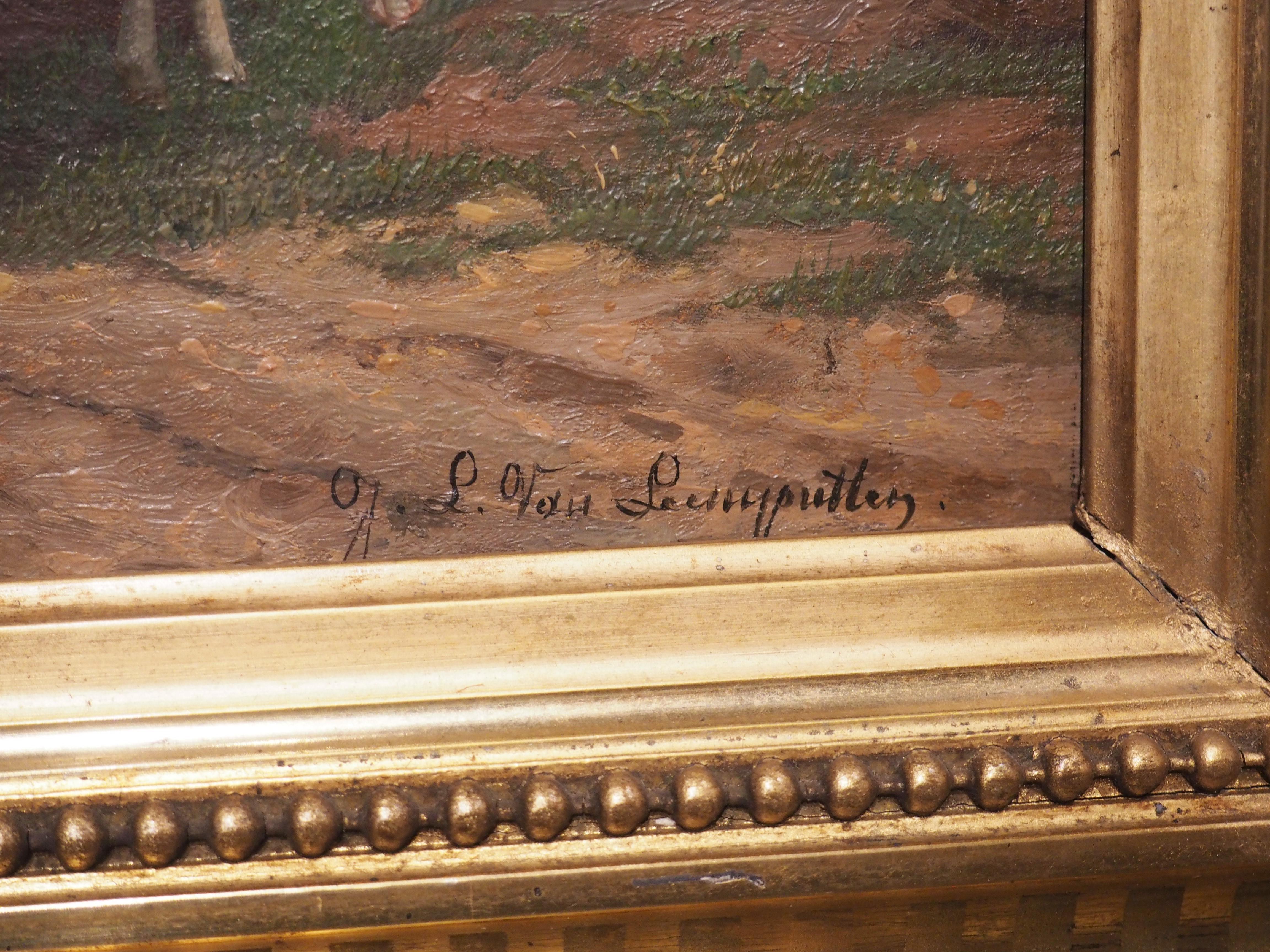 Peinture de moutons champêtres ancienne signée dans un cadre en bois doré, Belgique, 19ème siècle en vente 2