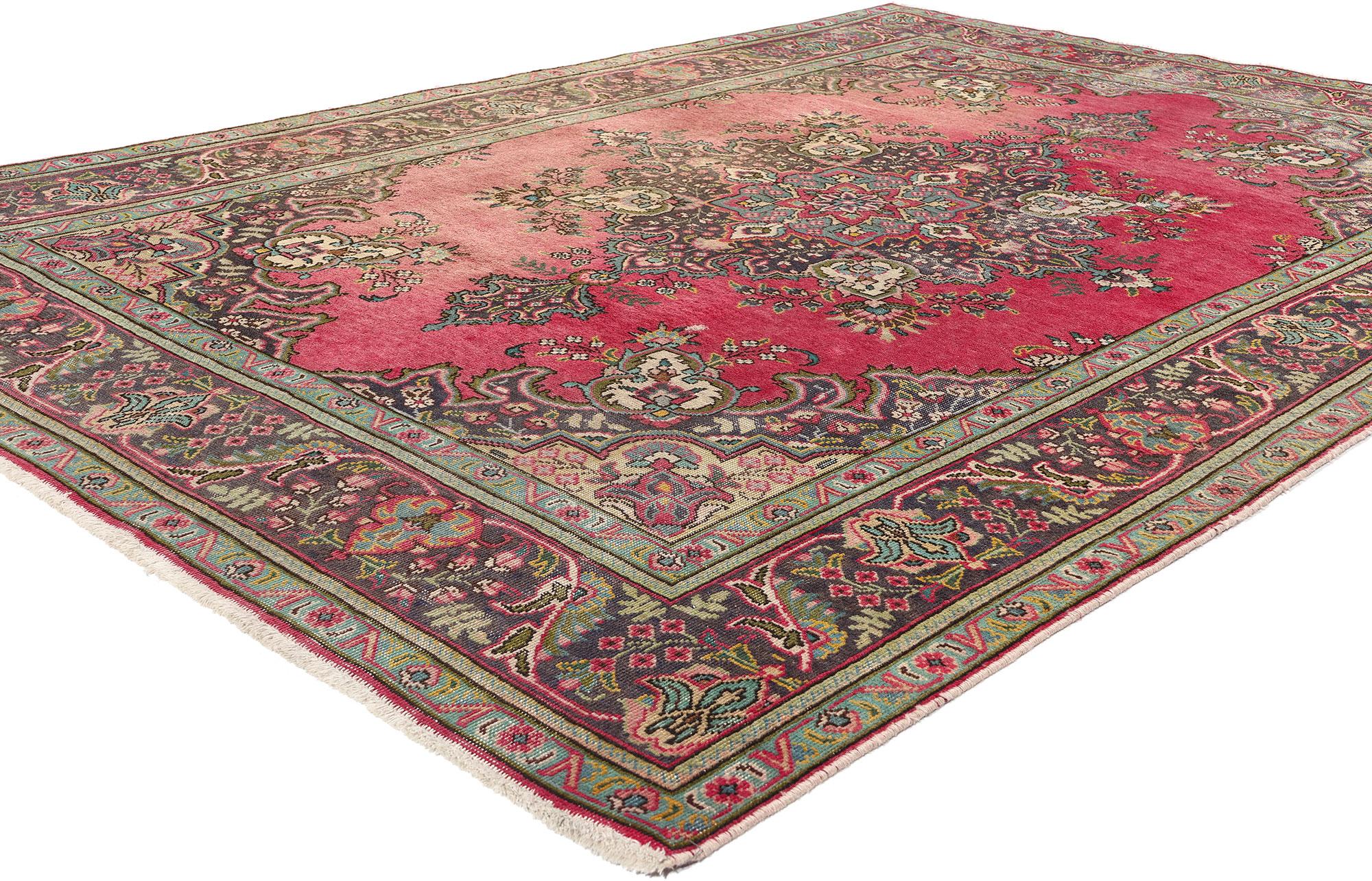76465 Vintage Cherry Pink Persian Tabriz Rug, 06'07 x 09'07. Tabriz rugs, originating from the historic city of Tabriz in Iran, represent the pinnacle of Persian carpet weaving, celebrated for their intricate designs and exceptional craftsmanship.