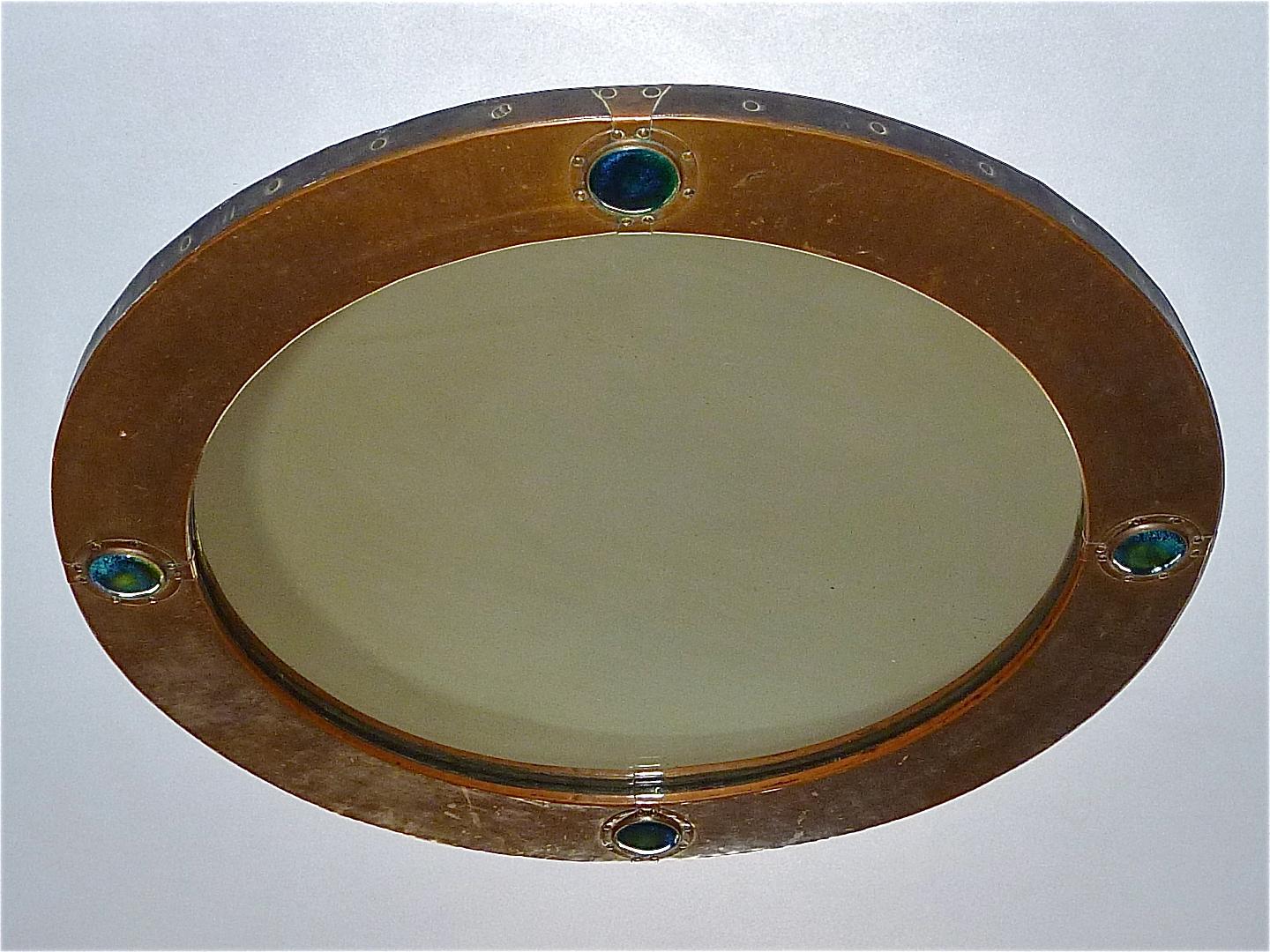 Pottery Signed Antique Round Liberty Wall Mirror Patinated Copper Arts & Crafts, 1900