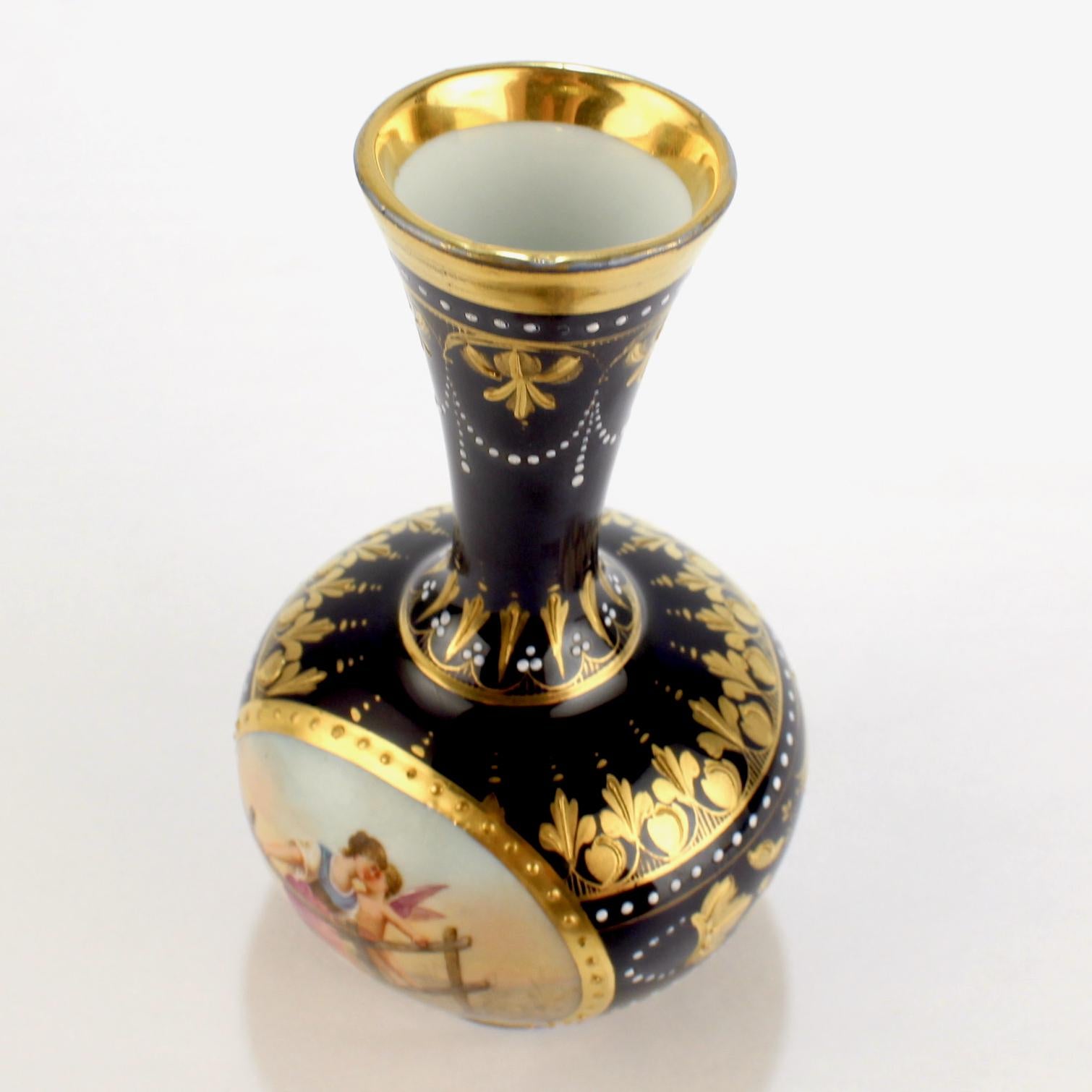 Austrian Signed Antique Royal Vienna Style Porcelain Gilt & Hand Painted Cobalt Blue Vase For Sale