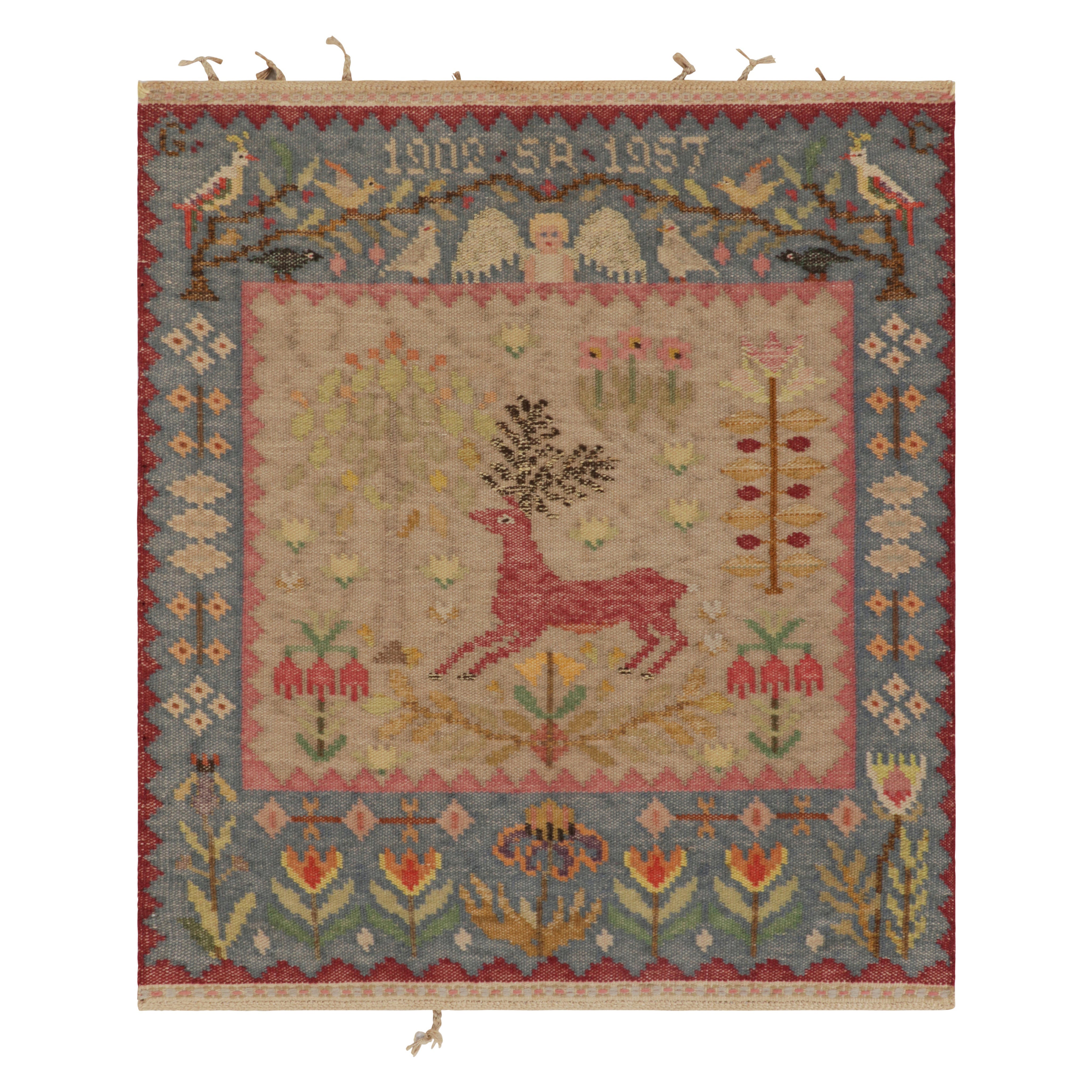 Textile suédois ancien signé, art populaire scandinave pictural - Rug 
Kilim en vente