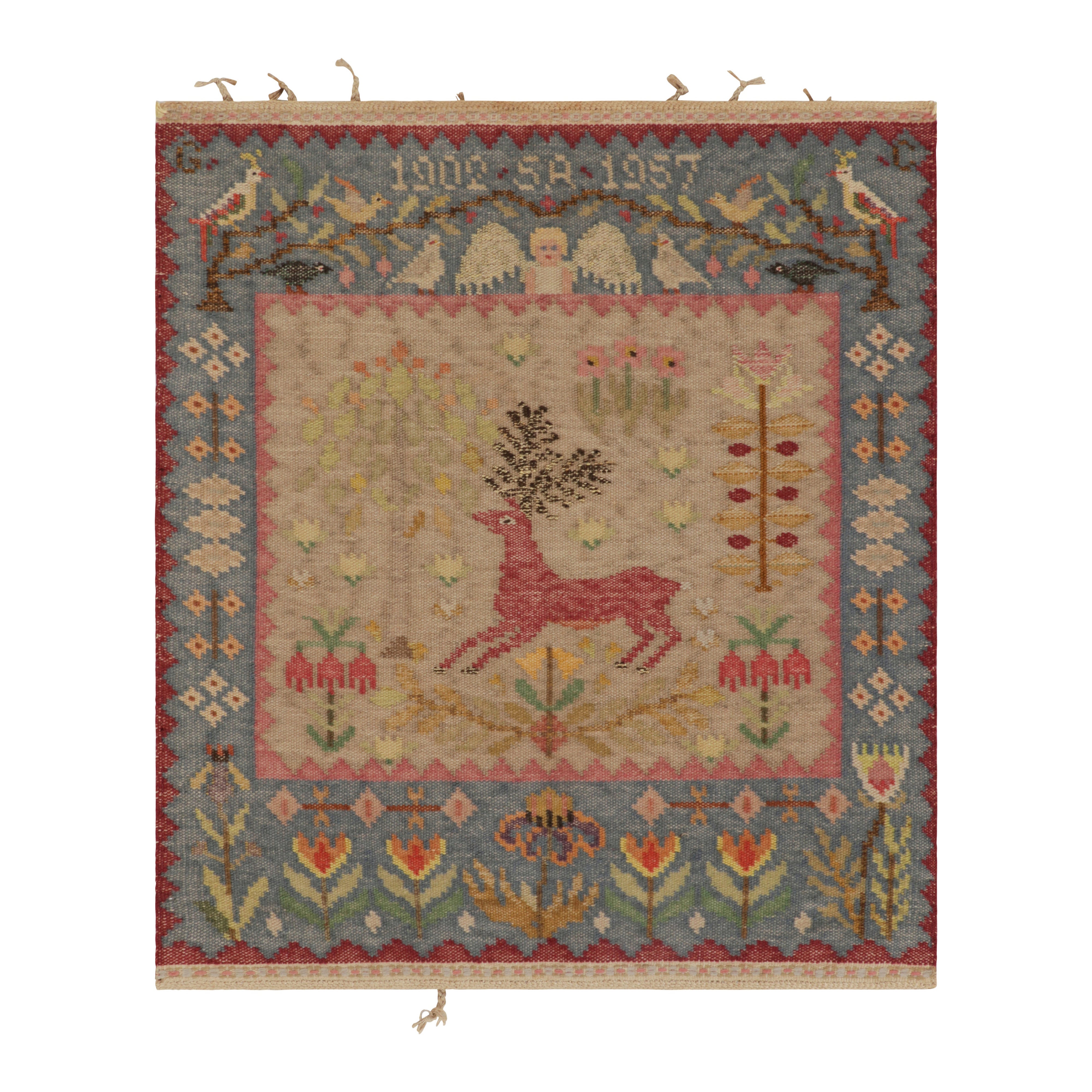 Textile suédois ancien signé, art populaire scandinave pictural - Rug 
Kilim en vente