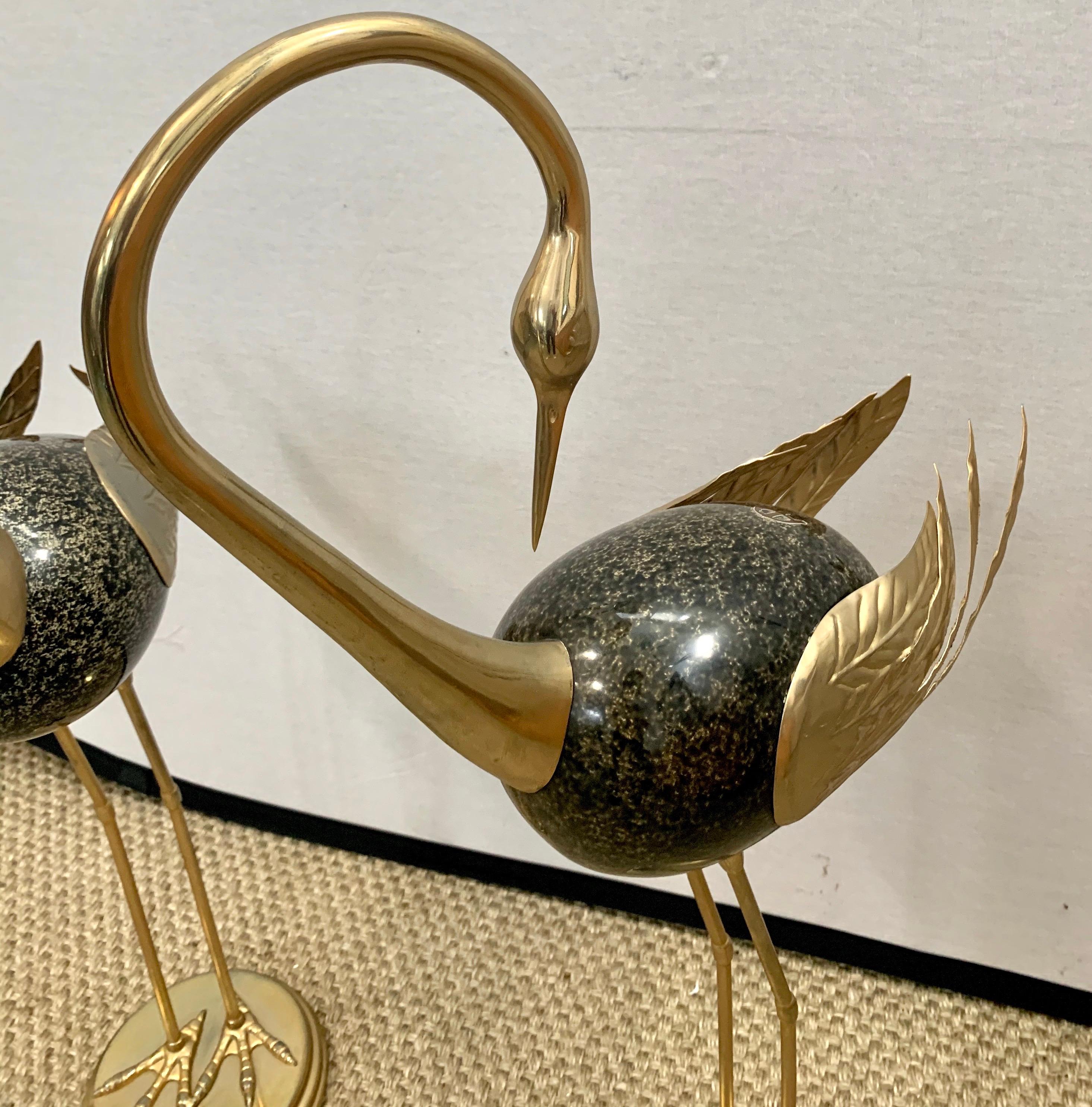 Hollywood Regency Signed Antonio Pavia Italian Gold & Black Enameled Brass Birds Egrets Sculptures
