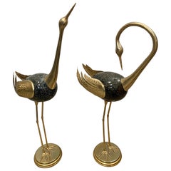 Signed Antonio Pavia Italian Gold & Black Enameled Brass Birds Egrets Sculptures