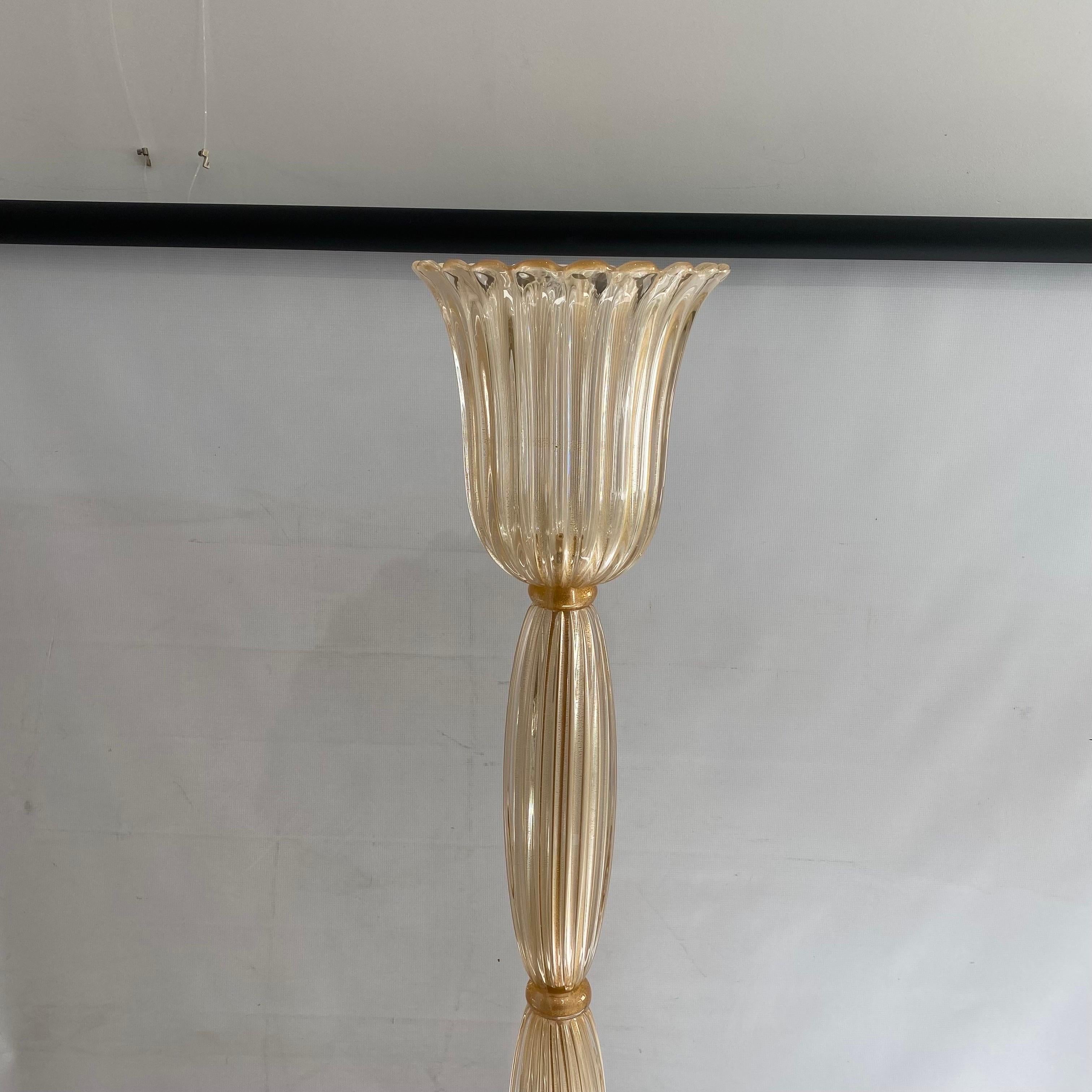 Hand-Crafted Signed Archimede Seguso Murano Glass Floor Lamp Gold Italian Art Deco 1980s For Sale