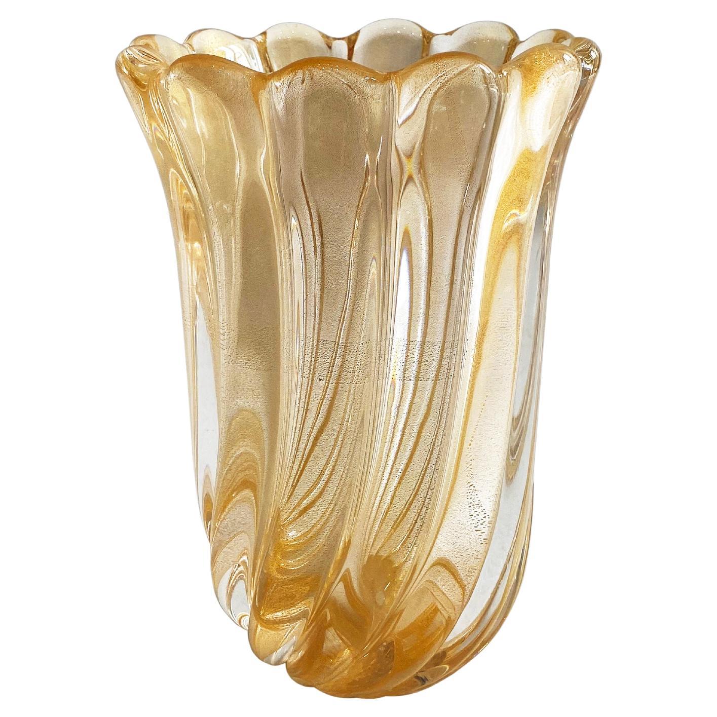 Signed Archimede Seguso Murano Glass Vase Gold Italian Art Deco 1980s