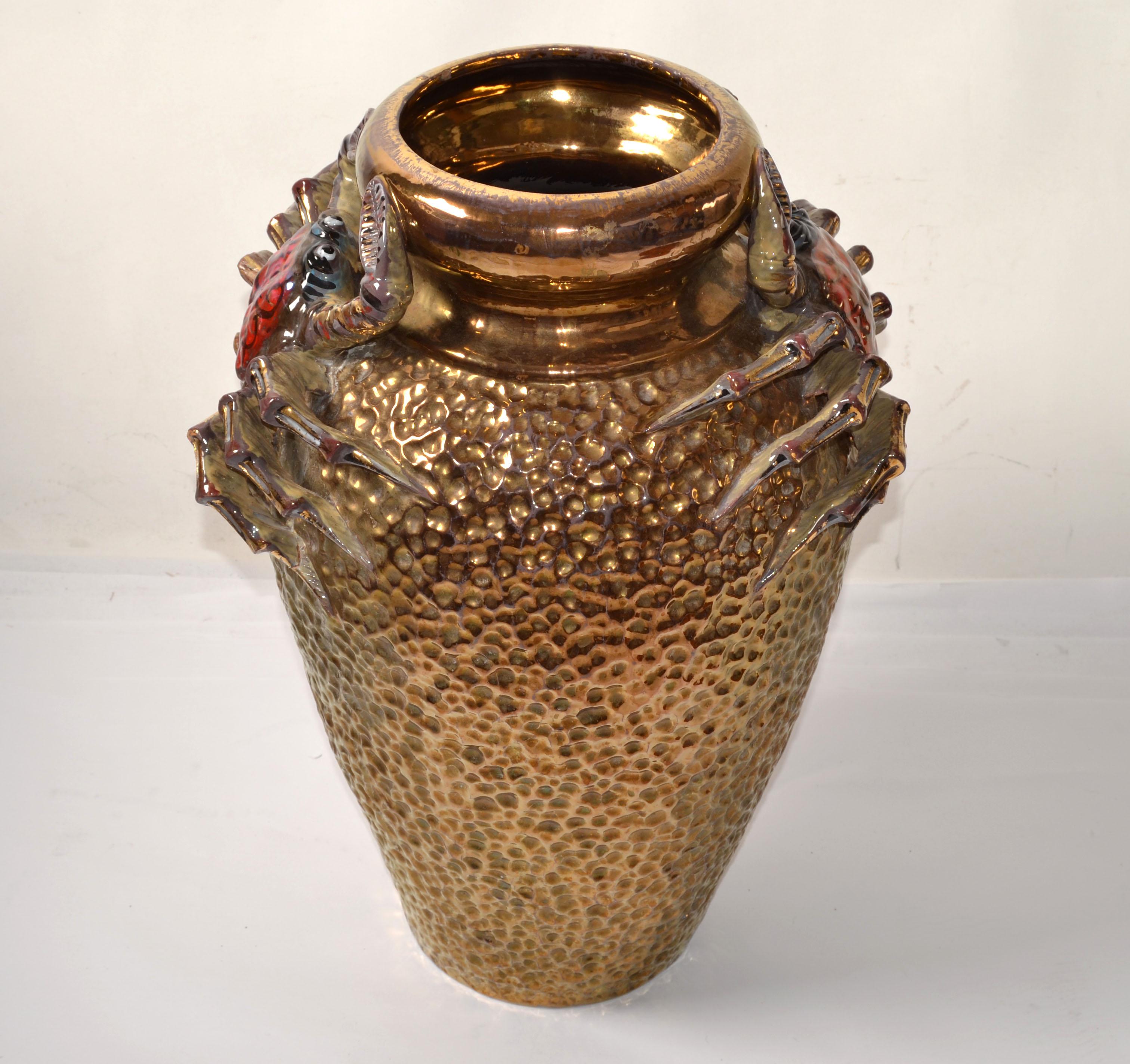 Signed Aretini Majolica Style Hand Painted Gold Ceramic Crab Vase Mediterranean For Sale 9