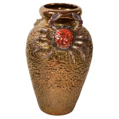 Signed Aretini Majolica Style Hand Painted Gold Ceramic Crab Vase Mediterranean