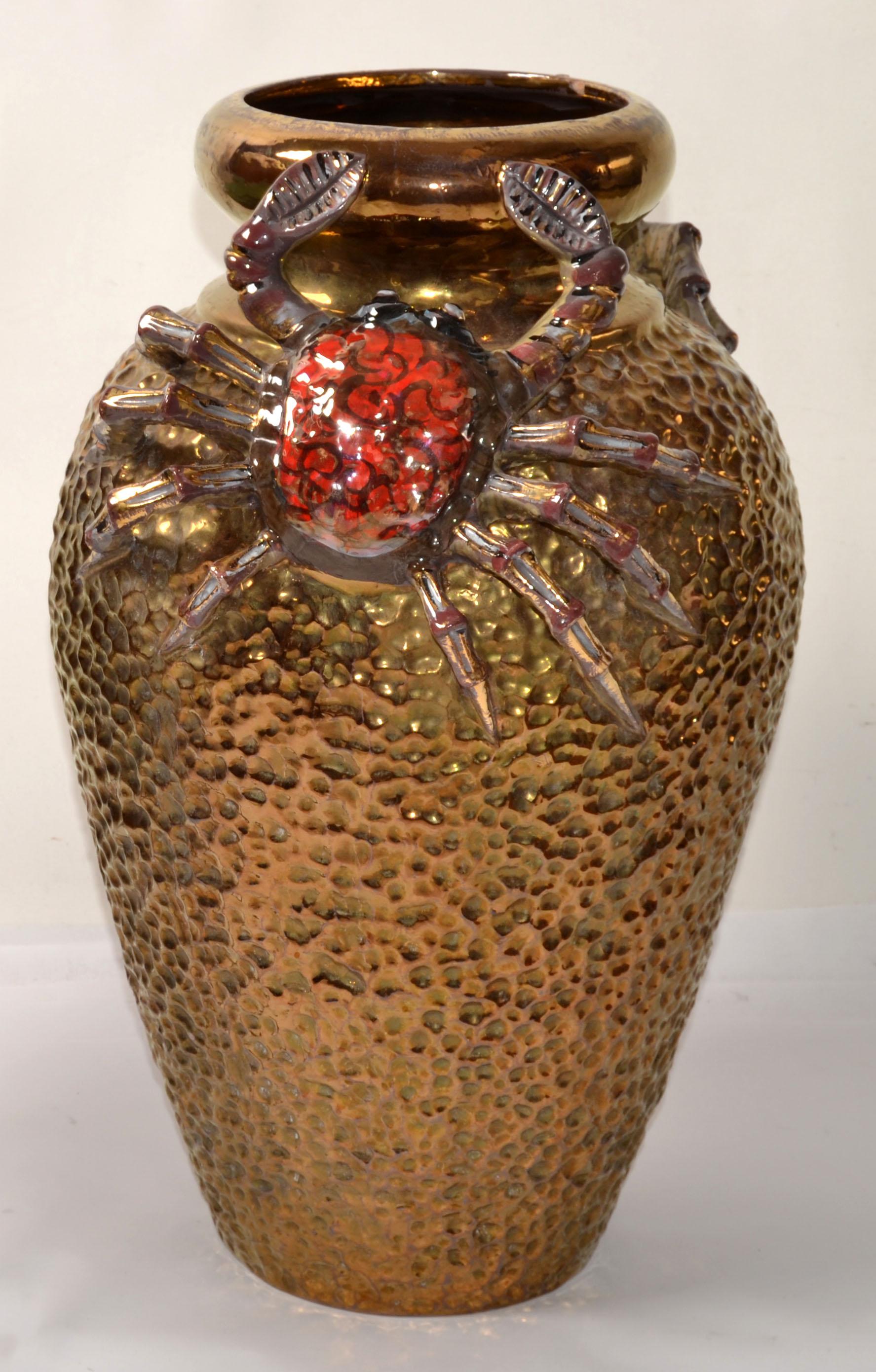 Mid-Century Modern Signed Aretini Majolica Style Hand Painted Gold Ceramic Crab Vase Mediterranean For Sale