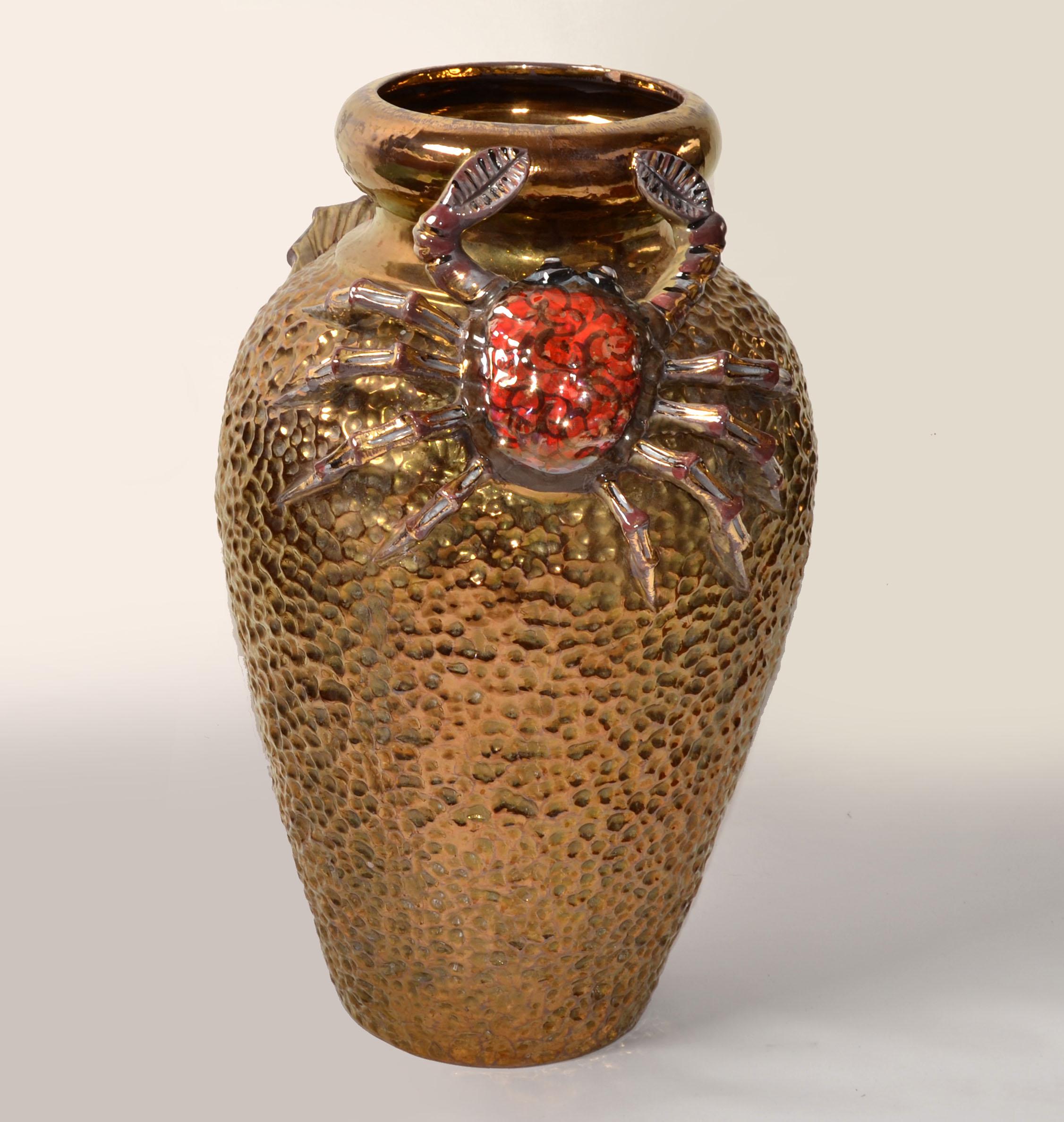 Italian Signed Aretini Majolica Style Hand Painted Gold Ceramic Crab Vase Mediterranean For Sale