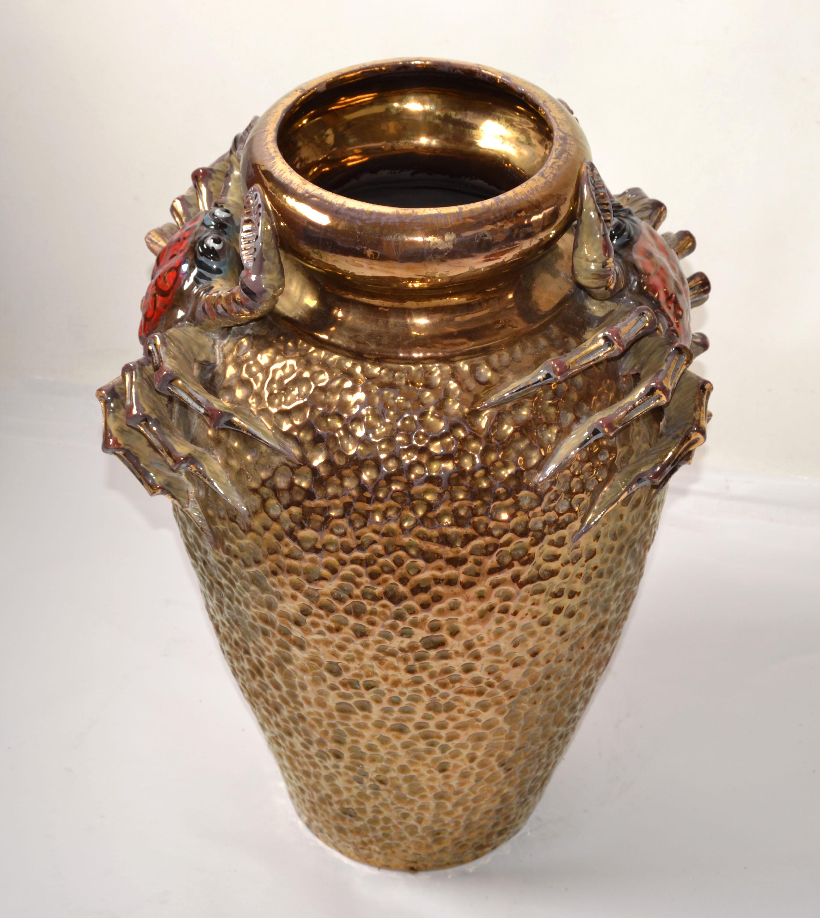 Hand-Crafted Signed Aretini Majolica Style Hand Painted Gold Ceramic Crab Vase Mediterranean For Sale
