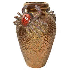 Signed Aretini Majolica Style Hand Painted Gold Ceramic Crab Vase Mediterranean
