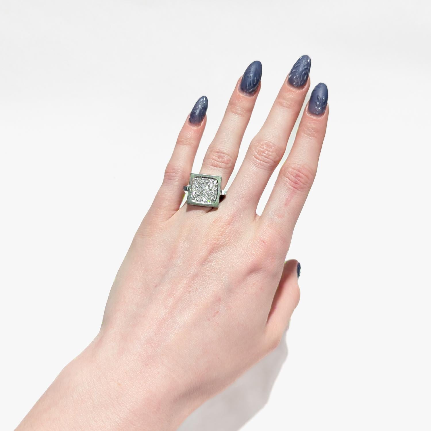 Signed Armin Kurz Modernist 18K White Gold & Pave Diamond Geometric Ring For Sale 4