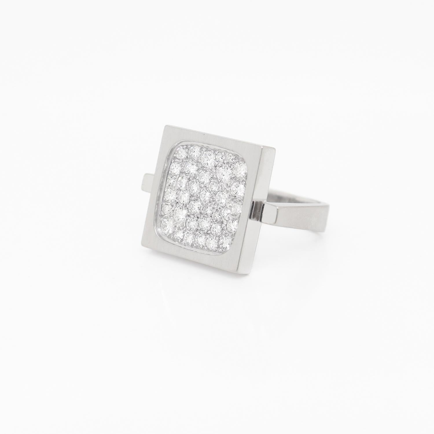 Round Cut Signed Armin Kurz Modernist 18K White Gold & Pave Diamond Geometric Ring For Sale