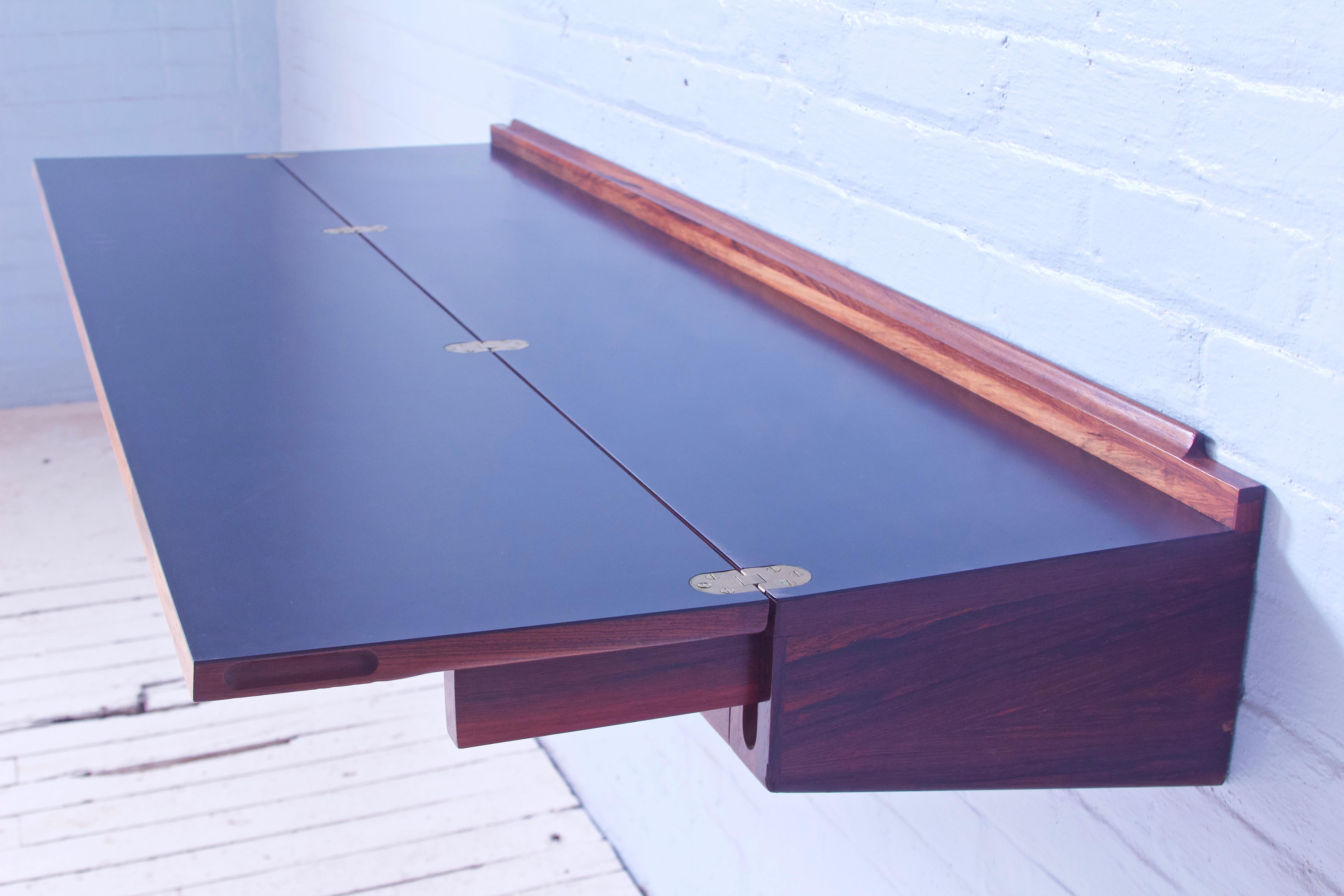 Signed Hovmand-Olsen Wall-Mounted Desk in Palisander, Brass, & Black Laminate In Good Condition In Brooklyn, NY