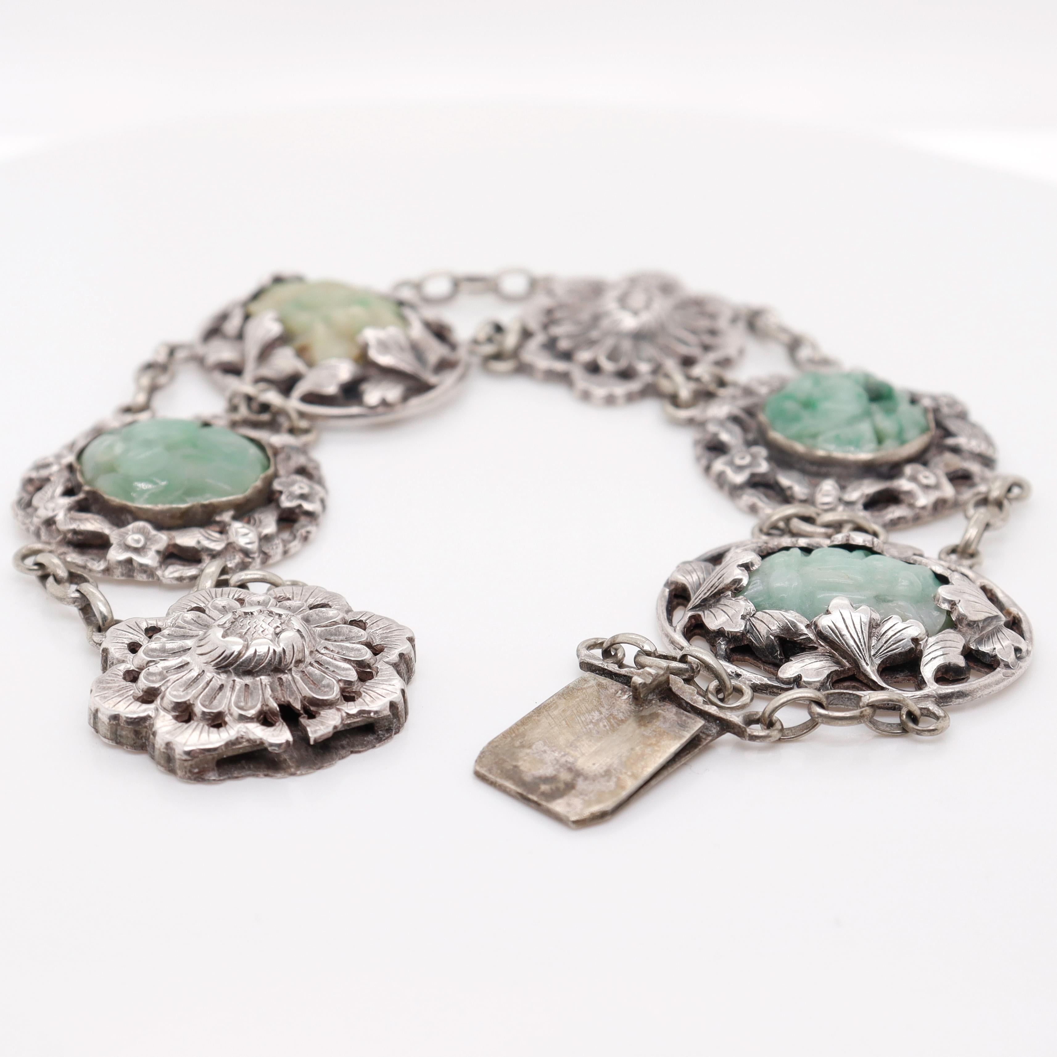 Signed Art Deco Chinese Sterling Silver & Jadeite Bracelet For Sale 2