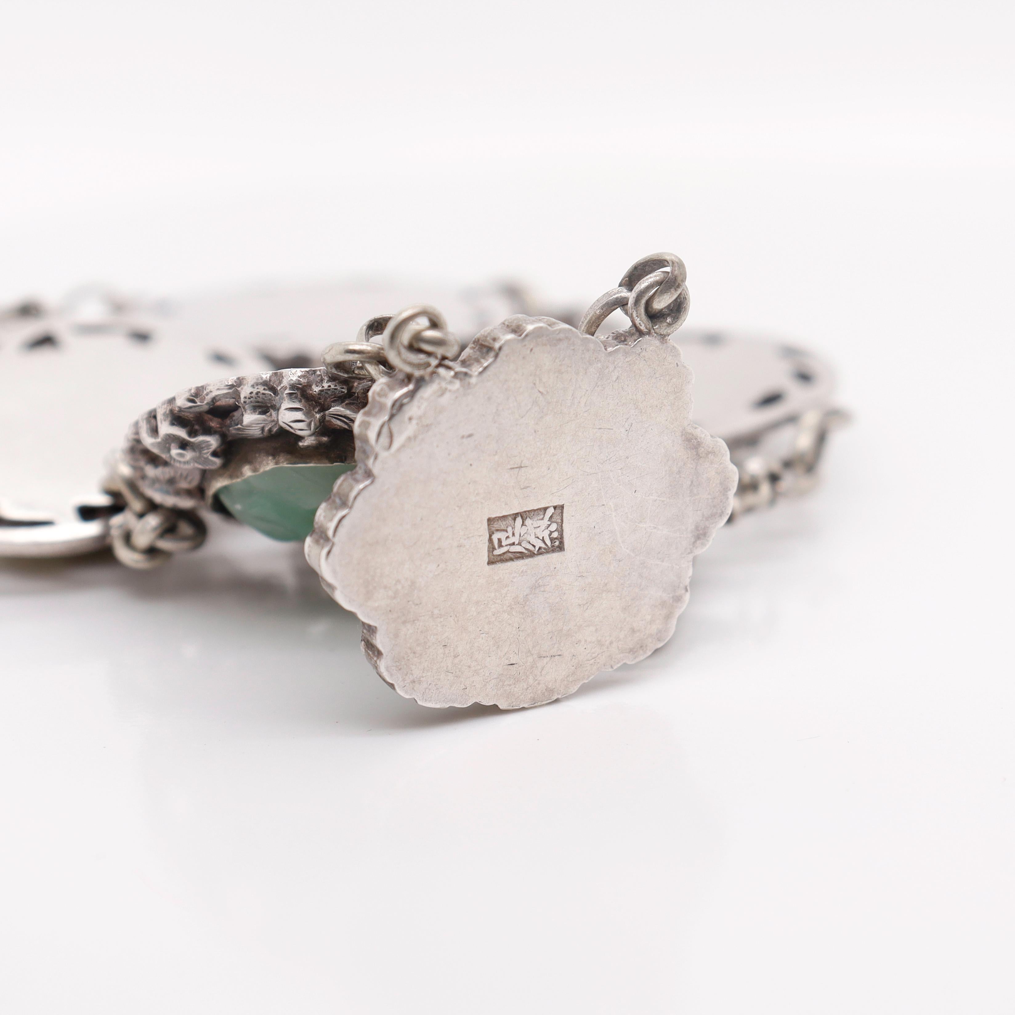 Signed Art Deco Chinese Sterling Silver & Jadeite Bracelet For Sale 4
