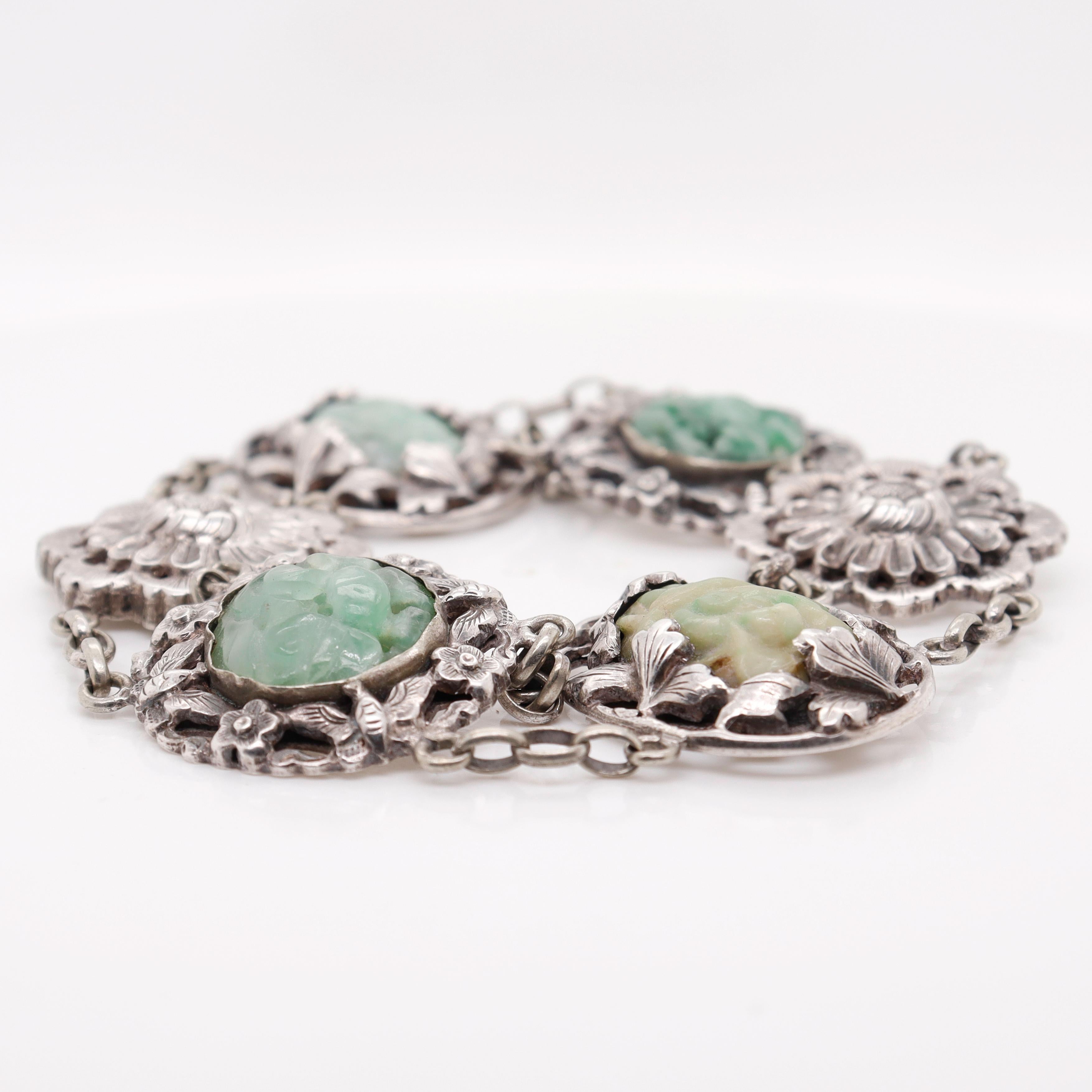 Round Cut Signed Art Deco Chinese Sterling Silver & Jadeite Bracelet For Sale
