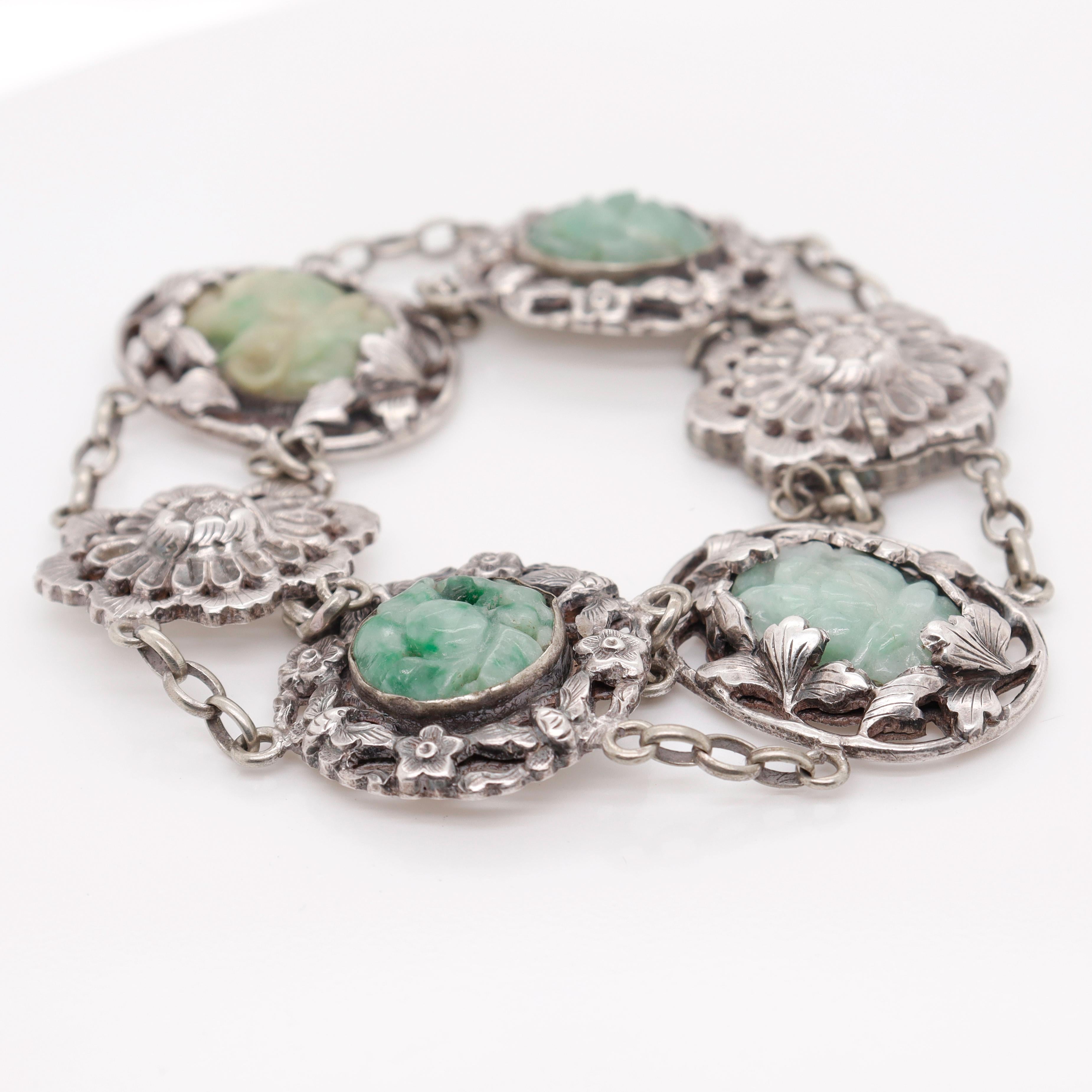 Signed Art Deco Chinese Sterling Silver & Jadeite Bracelet In Good Condition For Sale In Philadelphia, PA