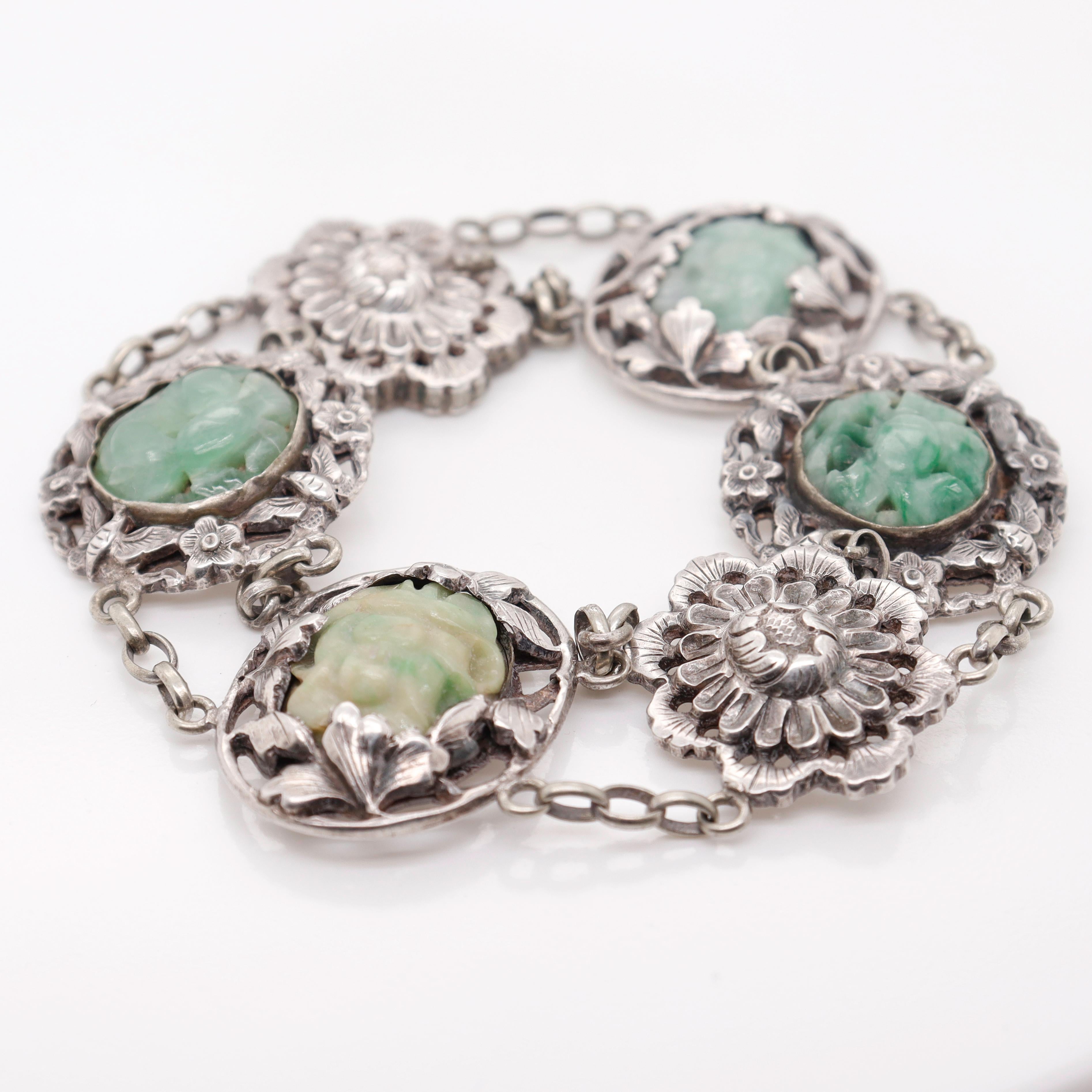 Women's or Men's Signed Art Deco Chinese Sterling Silver & Jadeite Bracelet For Sale