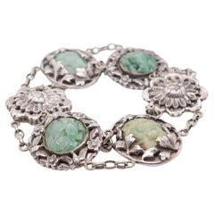 Signed Art Deco Chinese Sterling Silver & Jadeite Bracelet