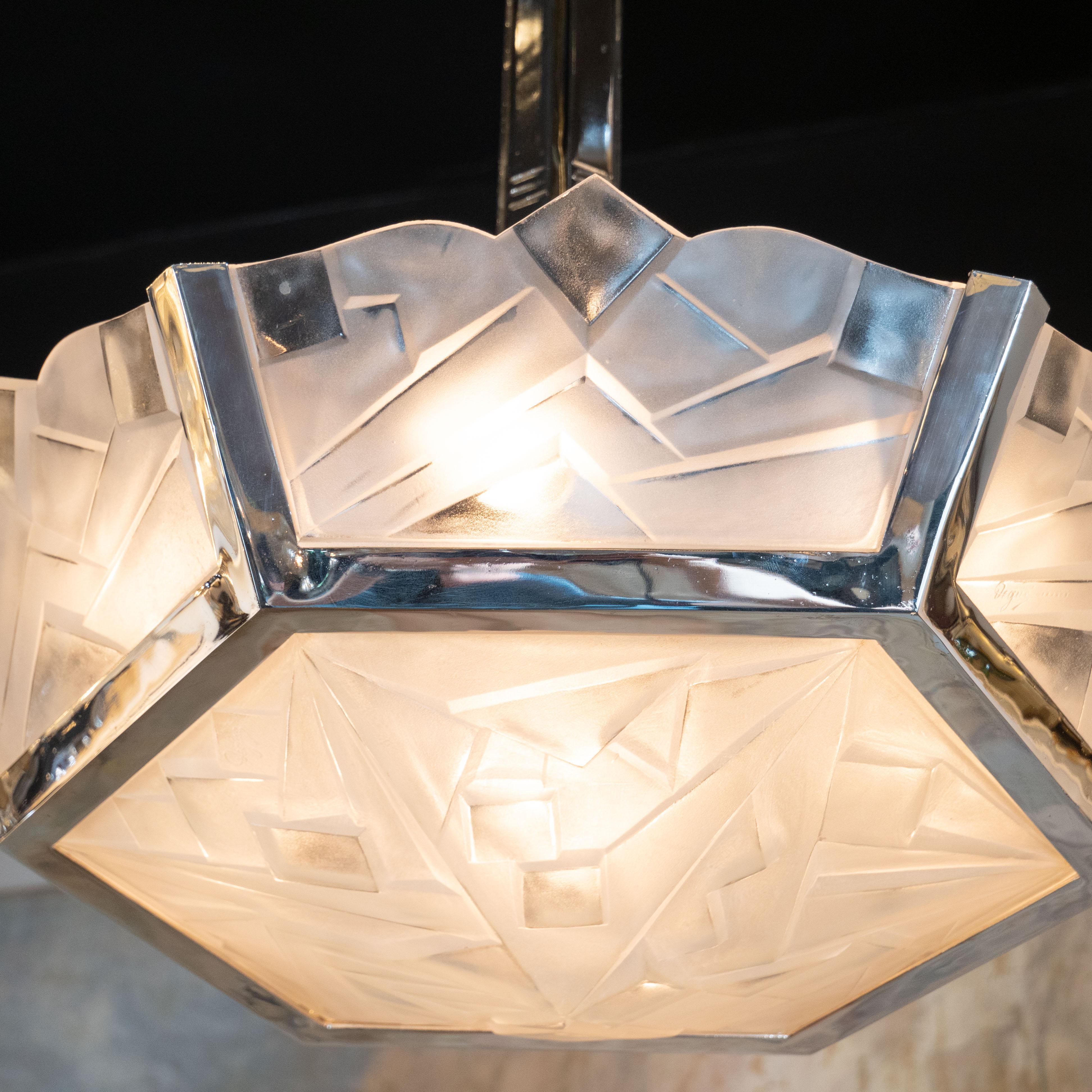 French  Signed Art Deco Cubist Frosted Glass and Nickeled Bronze Chandelier by Degué