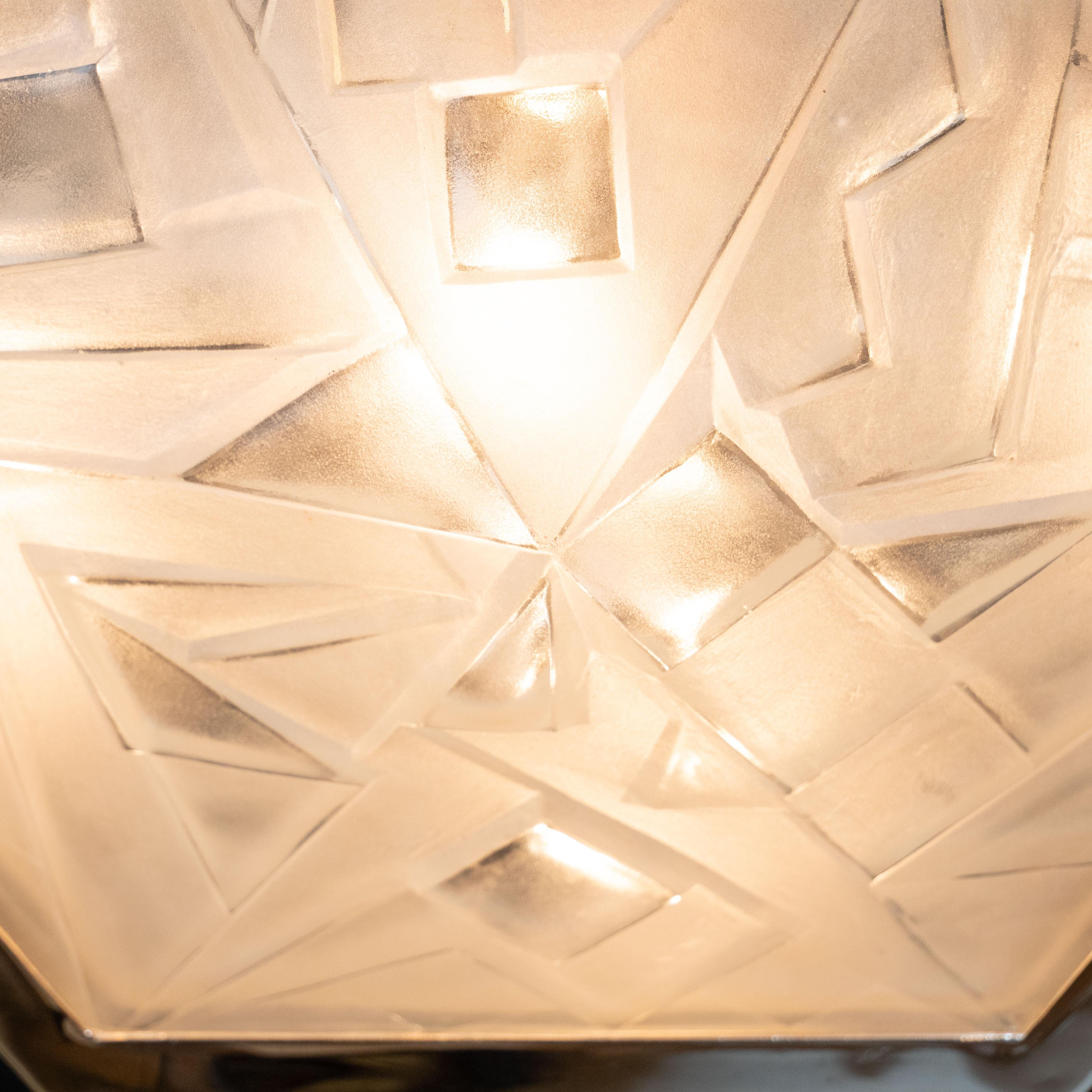  Signed Art Deco Cubist Frosted Glass and Nickeled Bronze Chandelier by Degué 2