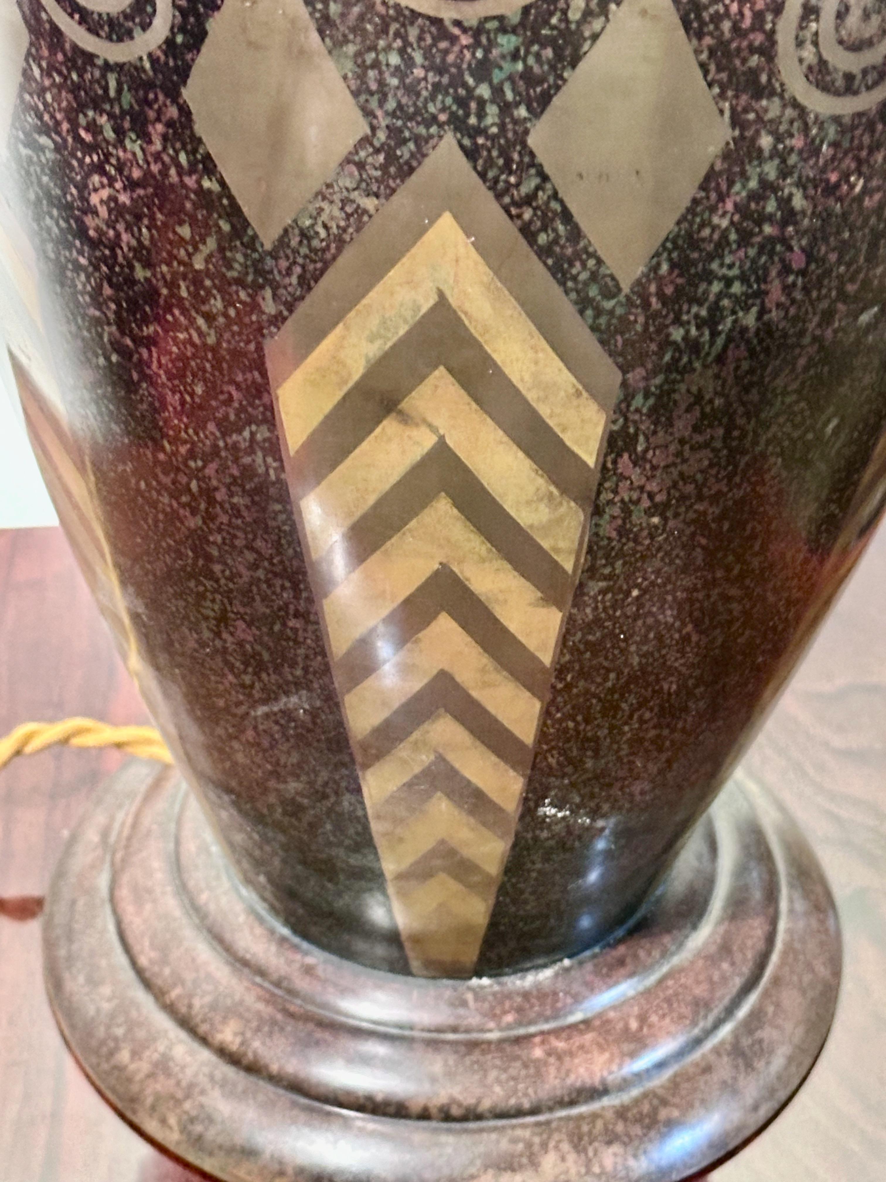 Signed Art Deco Dinandrie Lamp Vase with Mica shade Signed Edition Jouvenia In Good Condition For Sale In Oakland, CA
