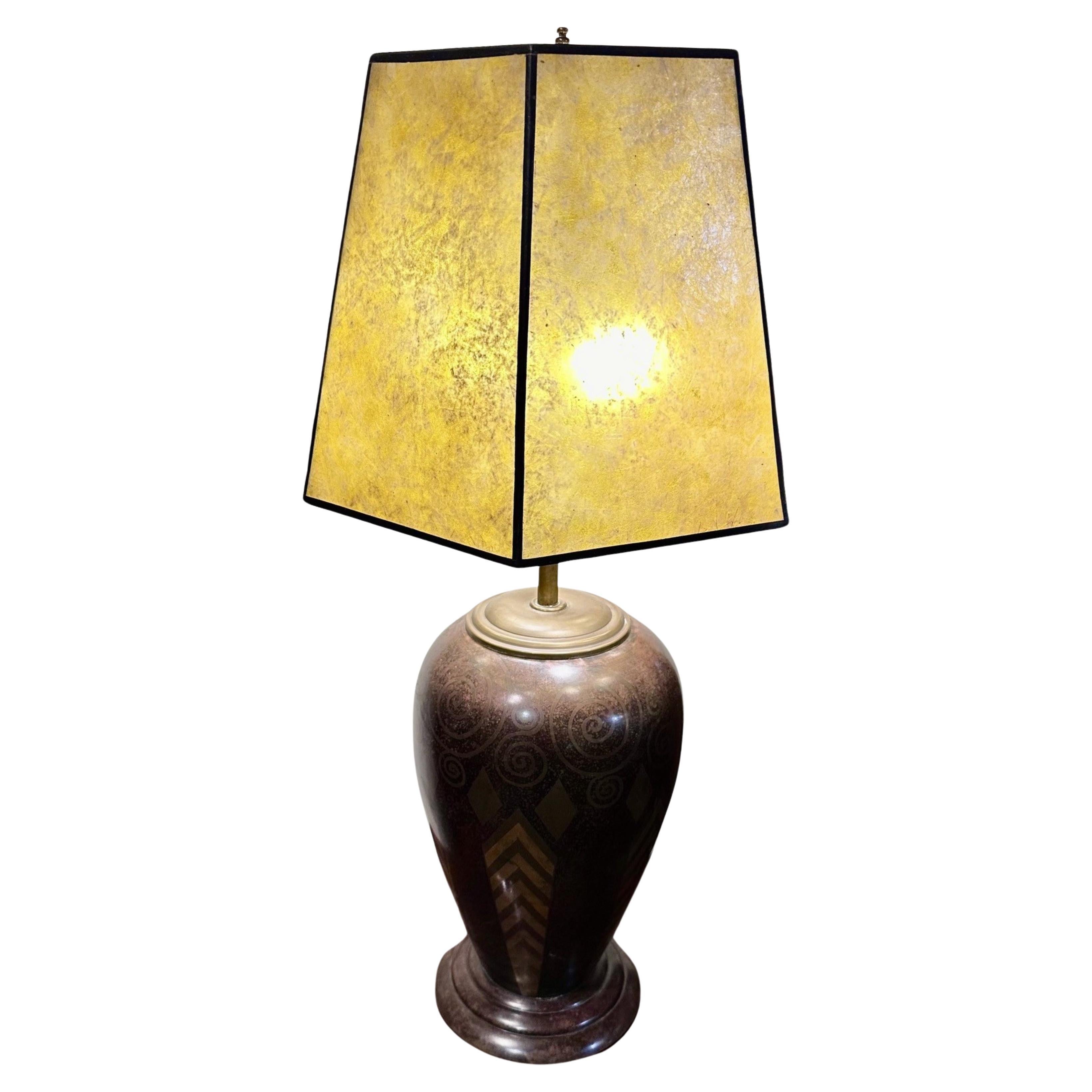 Signed Art Deco Dinandrie Lamp Vase with Mica shade Signed Edition Jouvenia For Sale