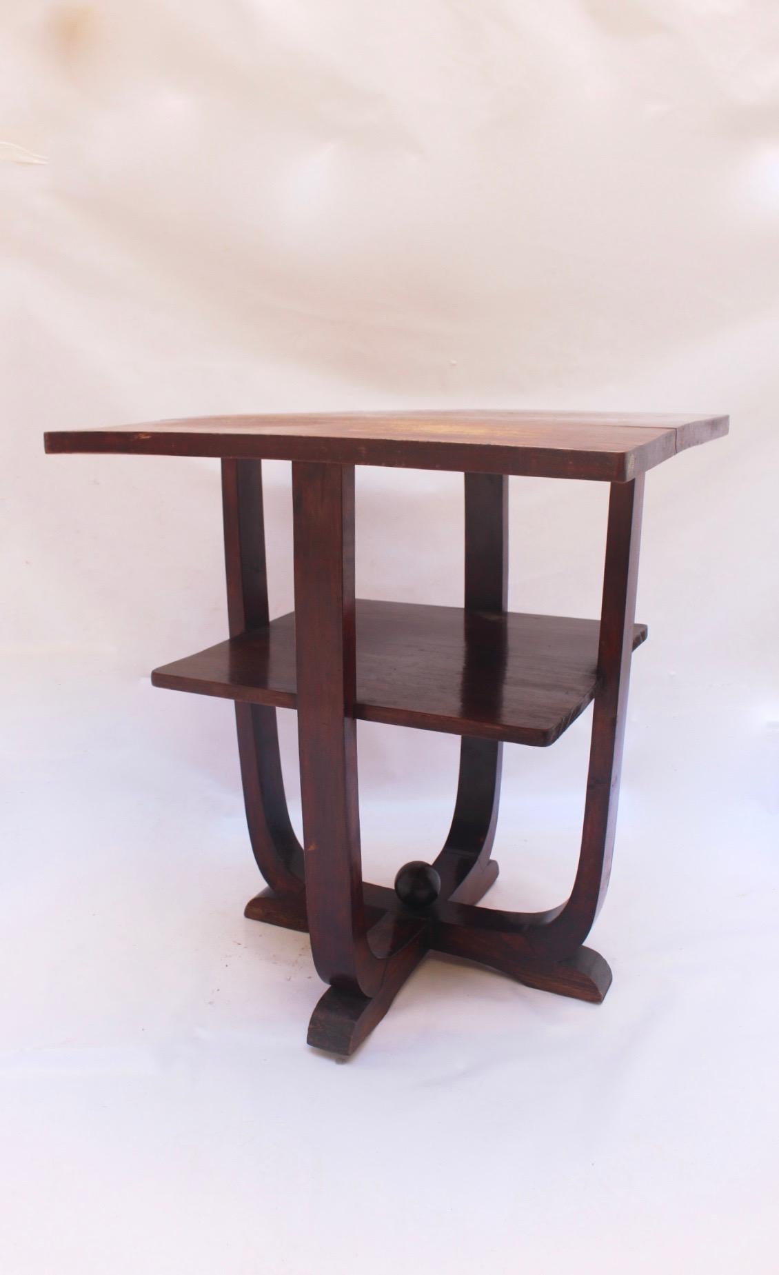 Art Deco square 2-tiered Gueridon or side table, Europe, 1930s. 
The piece is signed with pencil underneath.
Classic Art Deco design made in pine wood. 
*The upper table is slightly bent
The beauty of the simple shapes.
