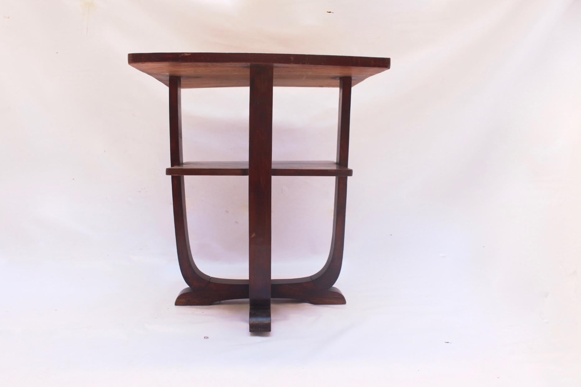 Hand-Crafted Art Deco Square Pine Wood 2-Tiered European Side Table, 1930s  For Sale