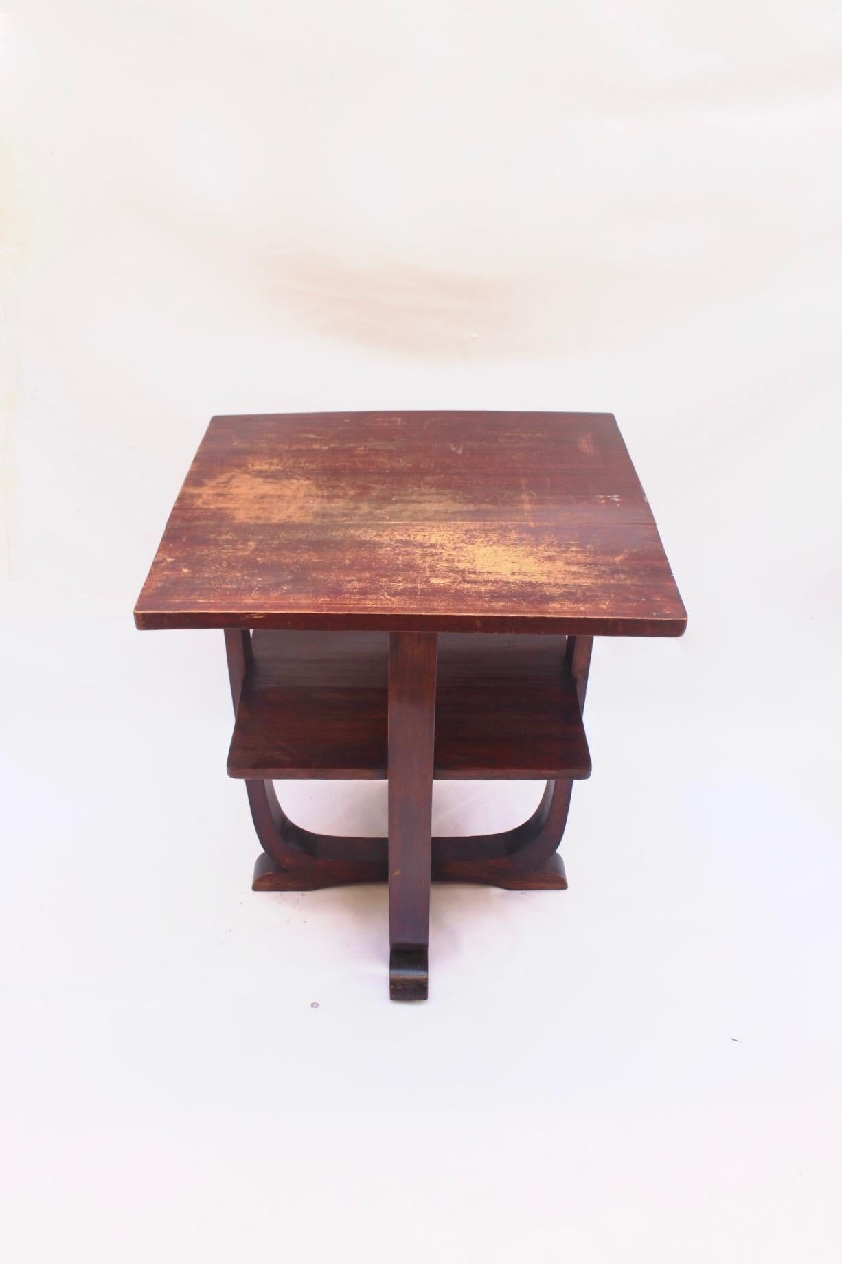 Mid-20th Century Art Deco Square Pine Wood 2-Tiered European Side Table, 1930s  For Sale