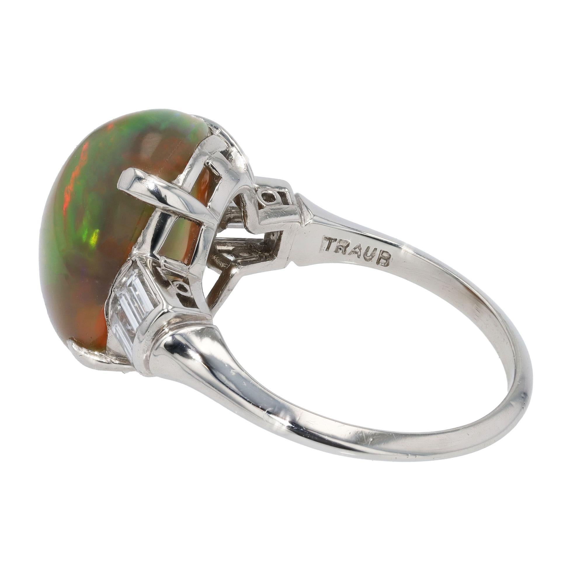 Cabochon Signed Art Deco High Domed 5 Carat Opal And Diamond Ring For Sale