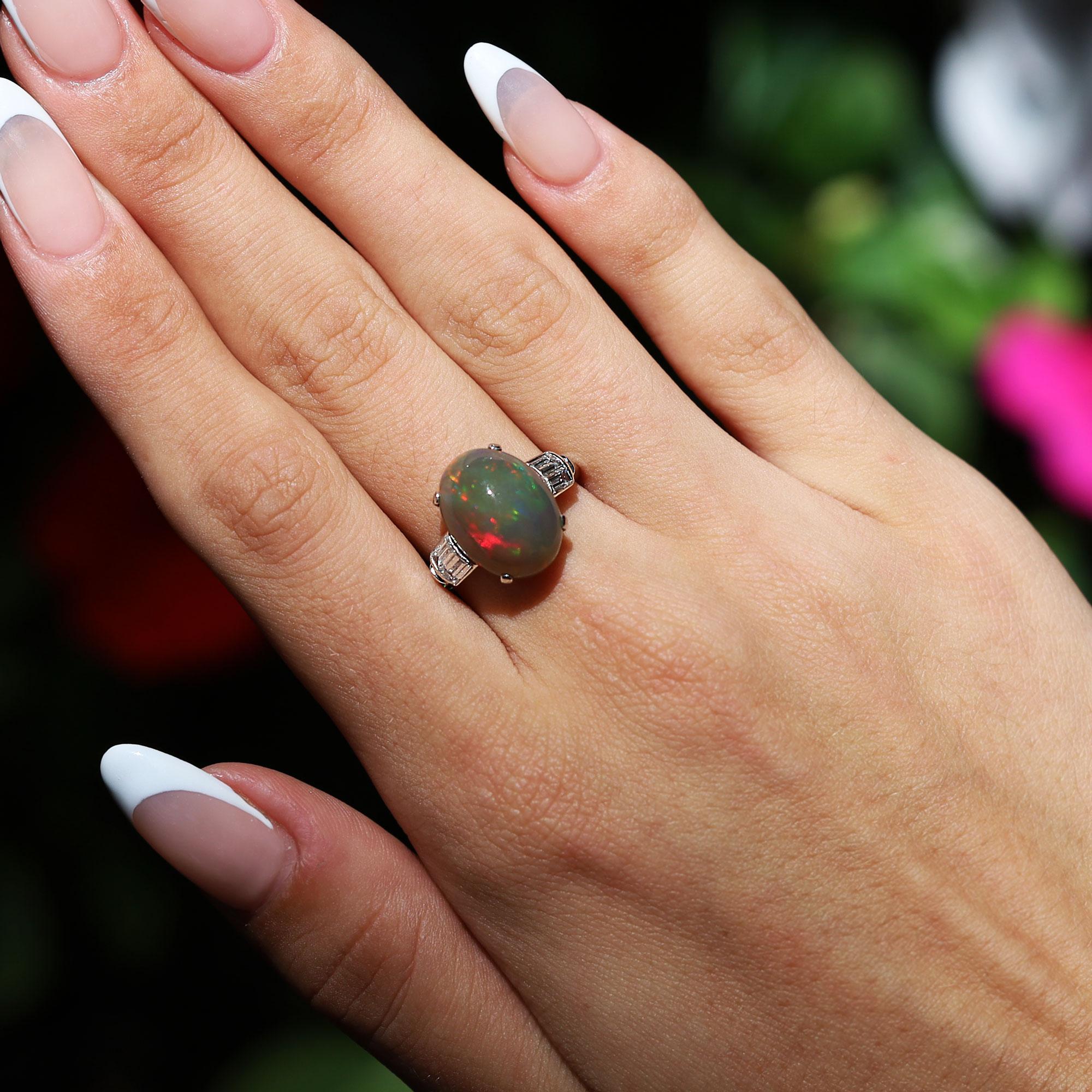 Women's Signed Art Deco High Domed 5 Carat Opal And Diamond Ring For Sale