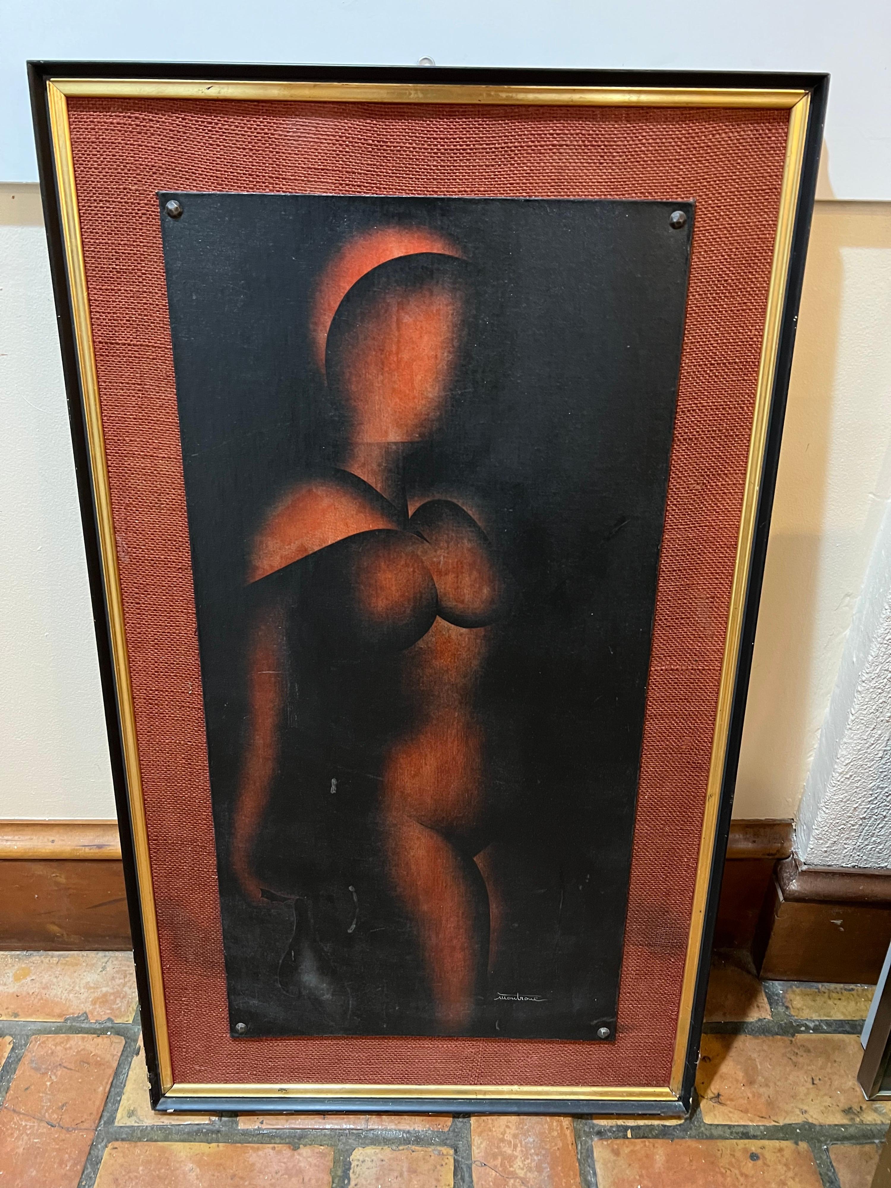 Nu Art Déco de John Montroue, signé dans le coin inférieur droit et l'envers indique « Grace ». Technique du pinceau à l'air de John Montroue, 8/70. silhouette dramatique d'une femme nue, de style cubiste/moderniste. Cet article peut être expédié de