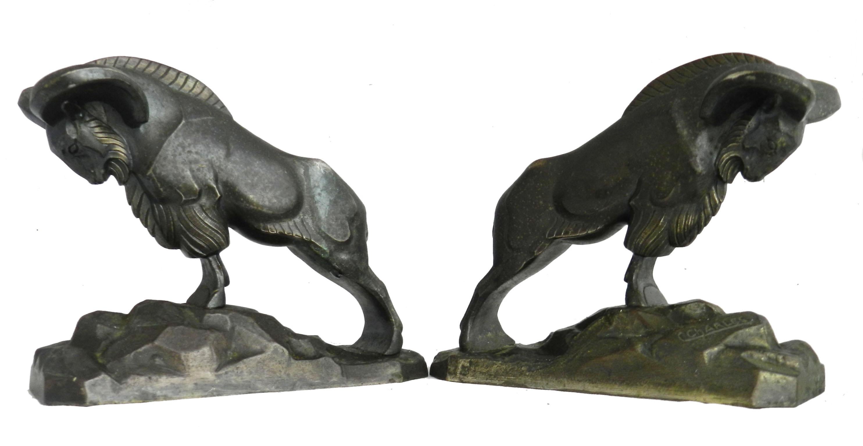French Signed Art Deco Pair of Bronze Mountain Rams Bookends by C Charles, circa 1930