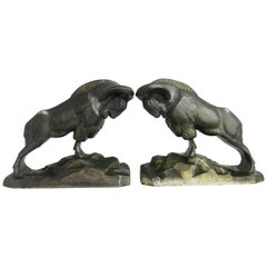 Signed Art Deco Pair of Bronze Mountain Rams Bookends by C Charles, circa 1930