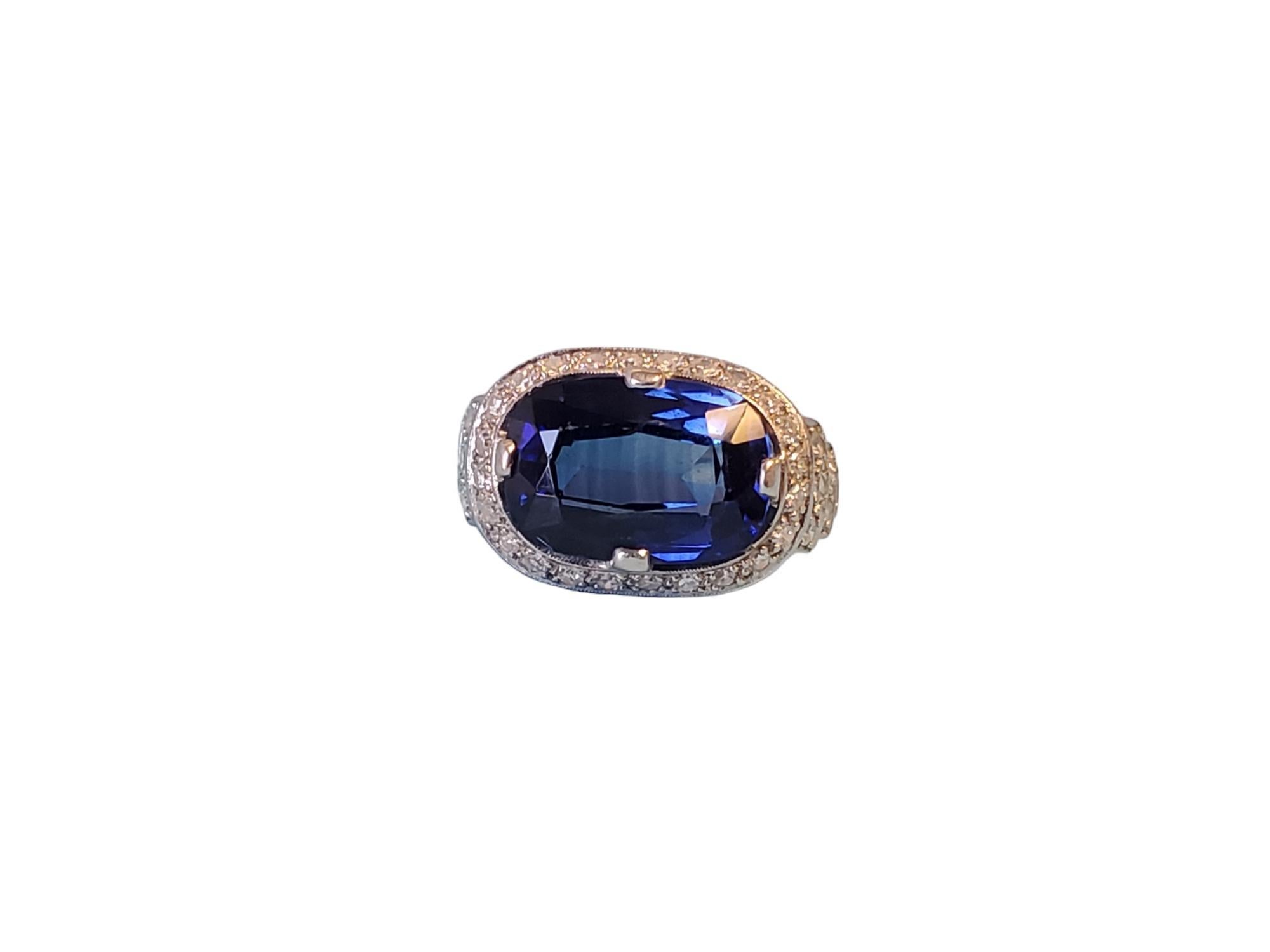 Oval Cut Signed Art Deco Platinum Diamond Ring Synthetic Blue Oval Sapphire Center Stone For Sale