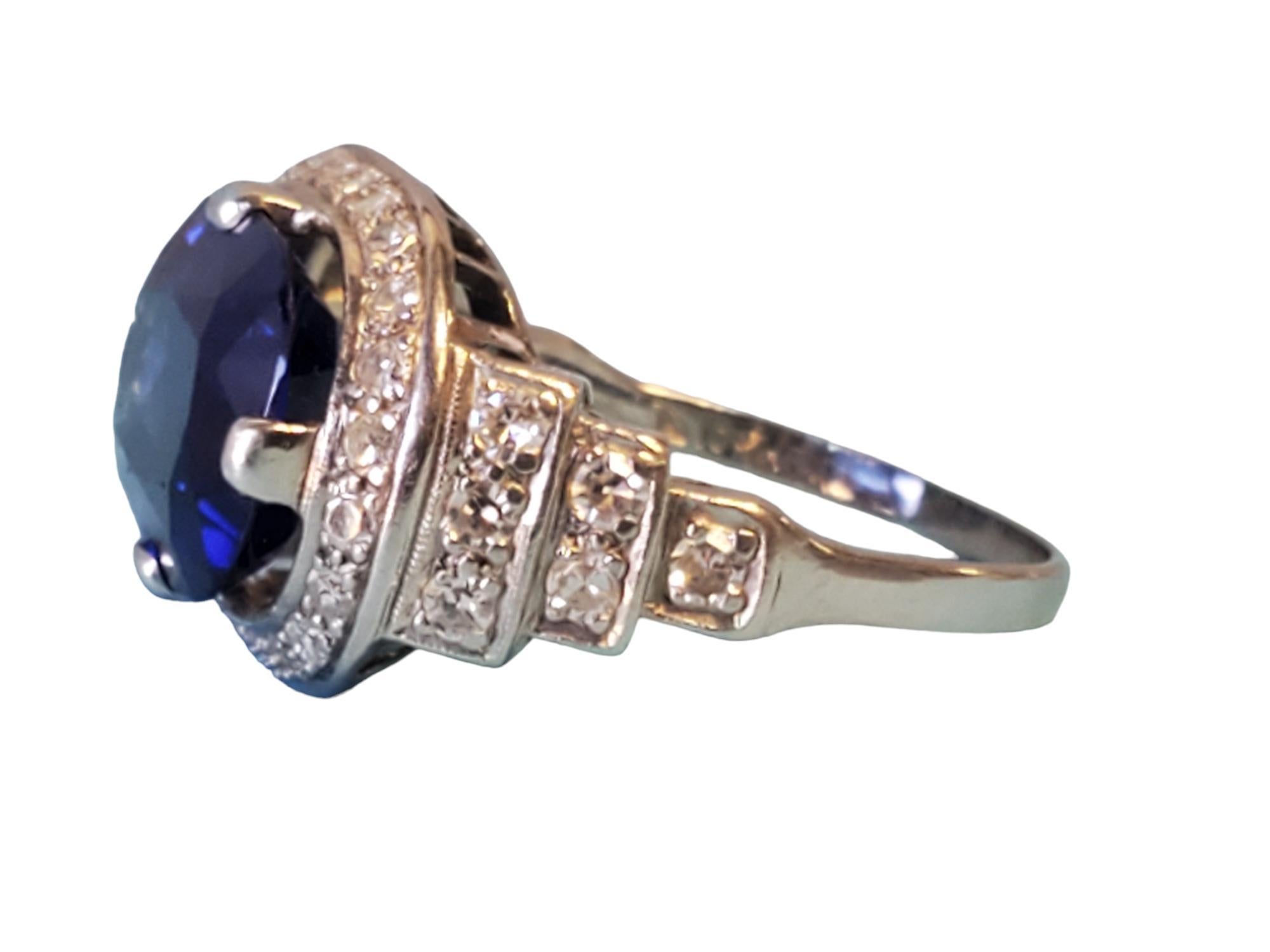 Women's Signed Art Deco Platinum Diamond Ring Synthetic Blue Oval Sapphire Center Stone For Sale