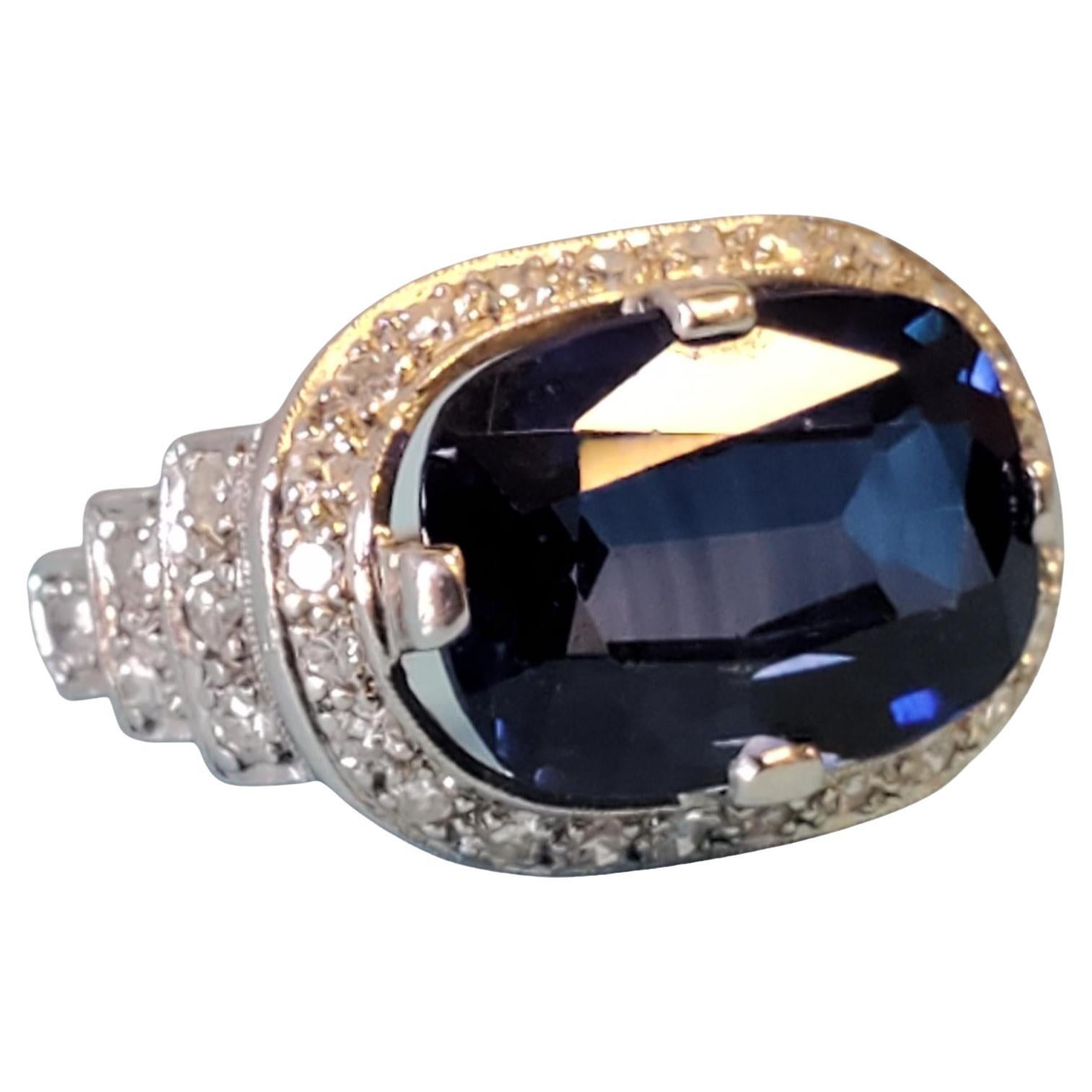 Signed Art Deco Platinum Diamond Ring Synthetic Blue Oval Sapphire Center Stone For Sale