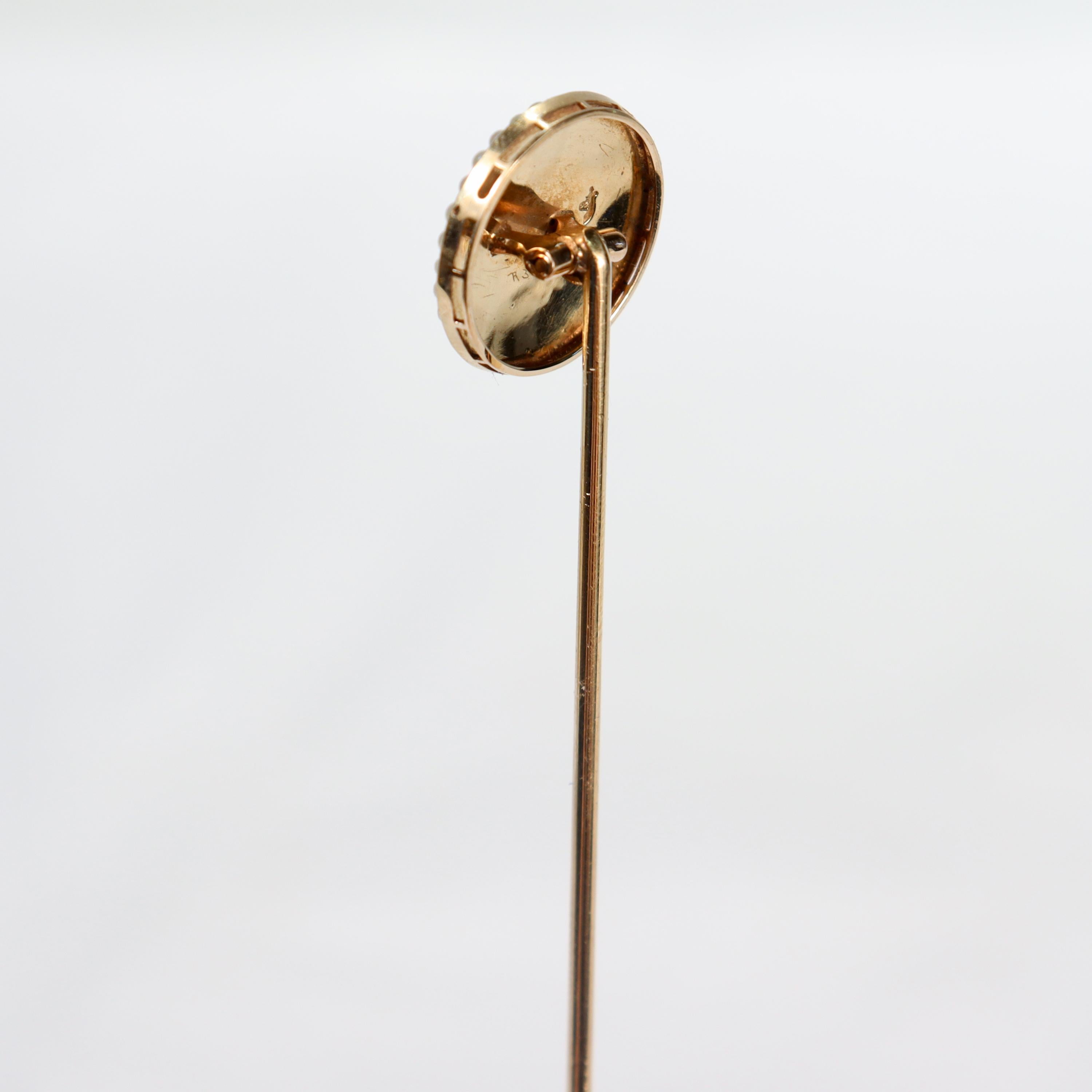 Signed Art Deco Riker Bros. 14k Gold, Enamel & Seed Pearl Hat Pin For Sale 2