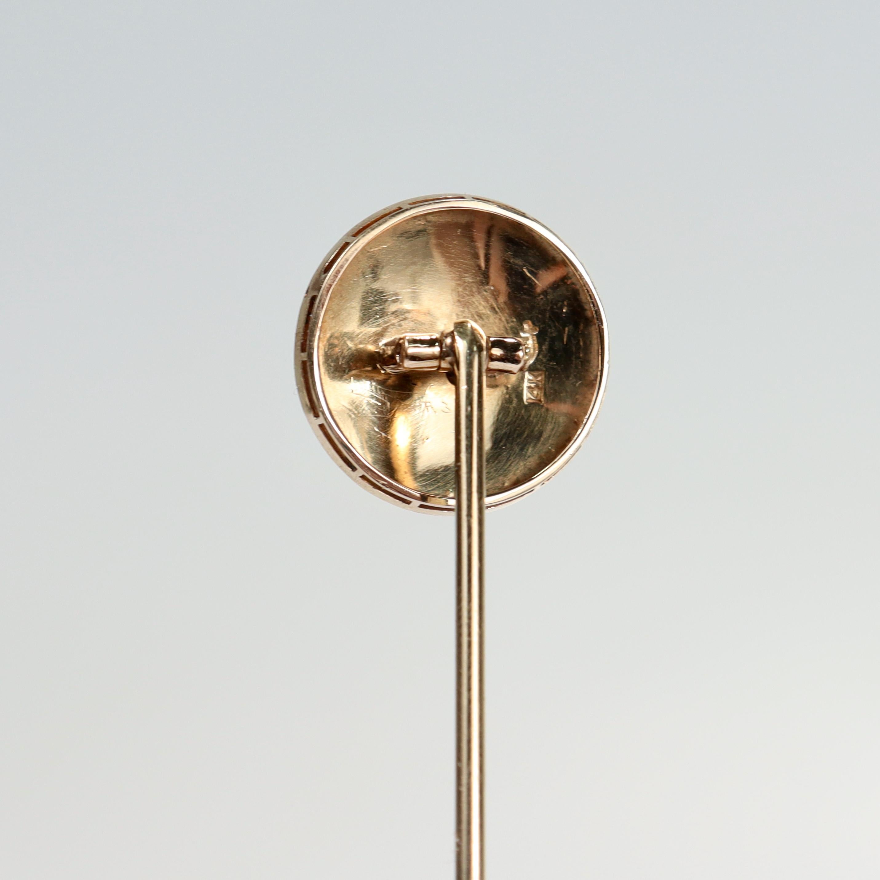 Signed Art Deco Riker Bros. 14k Gold, Enamel & Seed Pearl Hat Pin For Sale 5