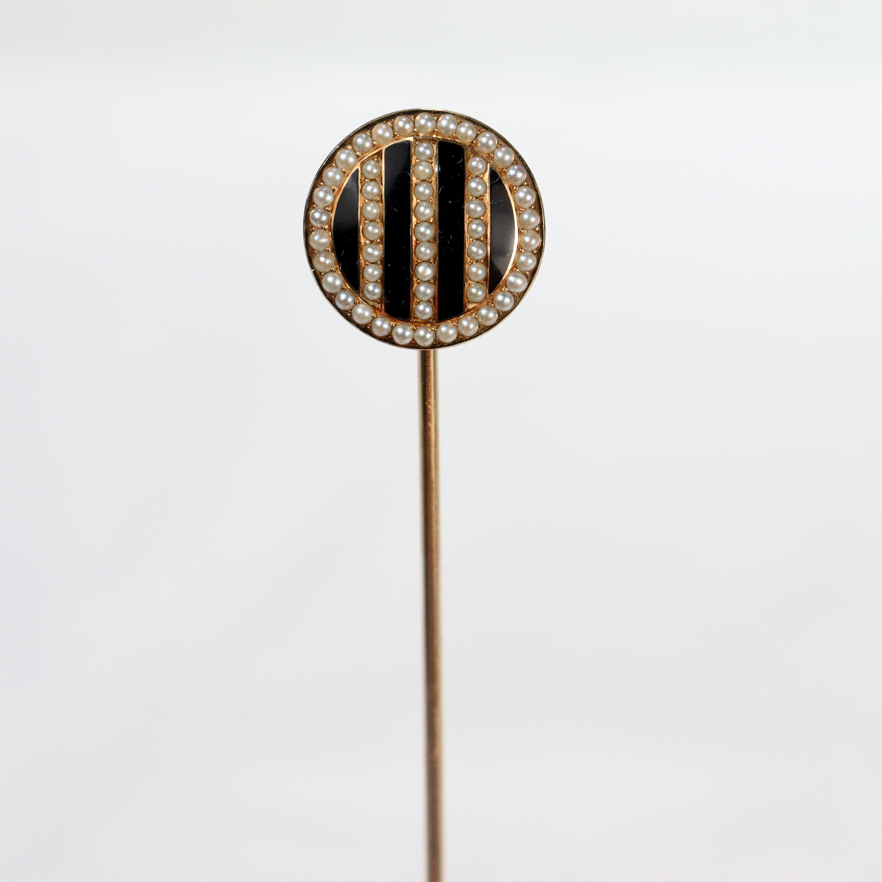 Women's Signed Art Deco Riker Bros. 14k Gold, Enamel & Seed Pearl Hat Pin For Sale