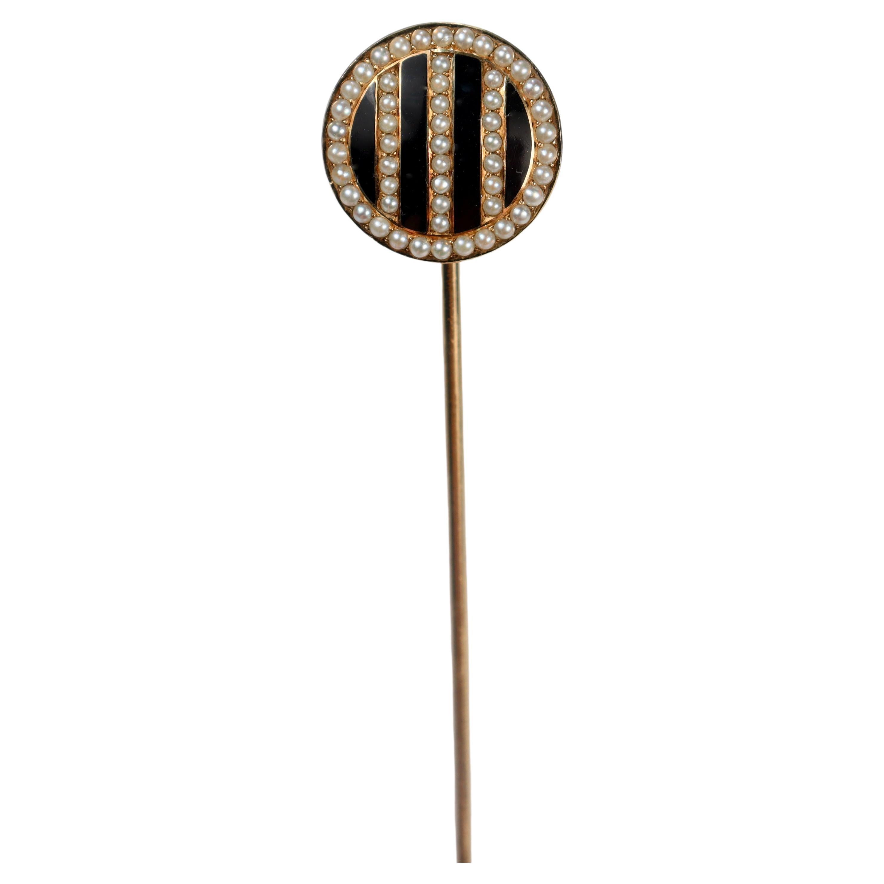 Signed Art Deco Riker Bros. 14k Gold, Enamel & Seed Pearl Hat Pin For Sale