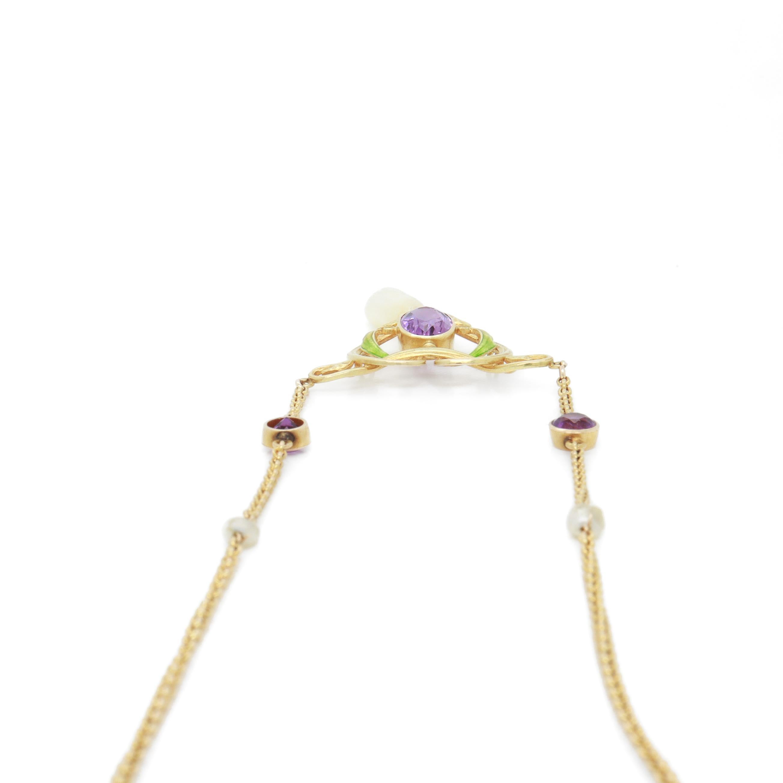 Collana Lavalier firmata Art Nouveau Krementz in oro 14K, ametista, perla e smalto in vendita 5