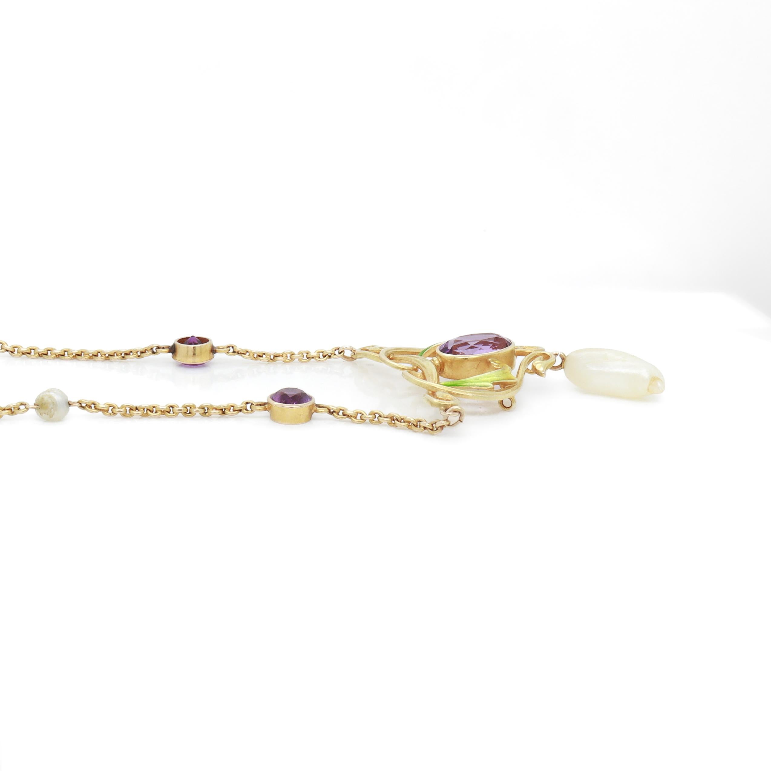 Collana Lavalier firmata Art Nouveau Krementz in oro 14K, ametista, perla e smalto in vendita 6