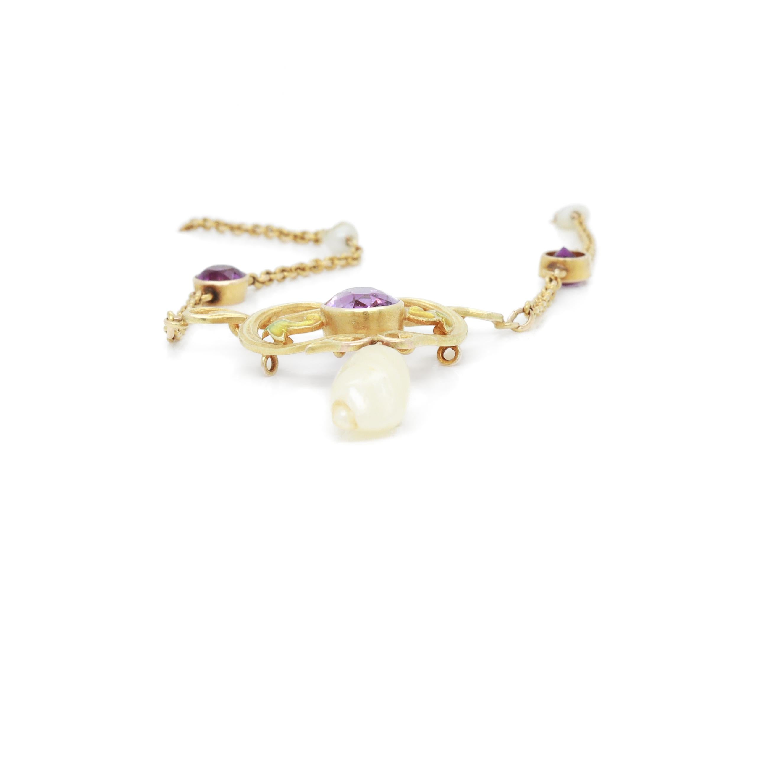 Collana Lavalier firmata Art Nouveau Krementz in oro 14K, ametista, perla e smalto in vendita 7